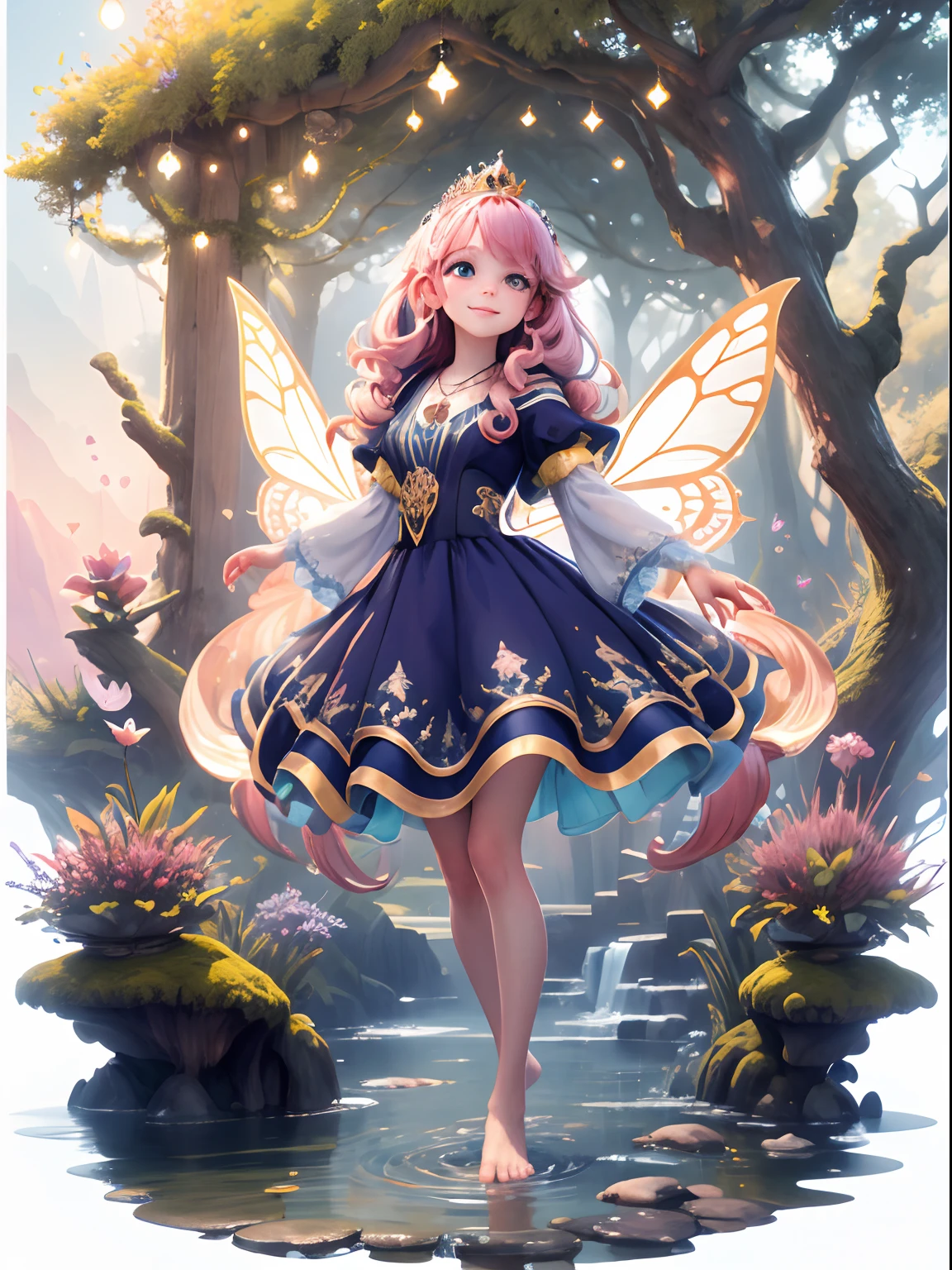 (((masterpiece))),best quality, [(white background:1.5)::5], (isometric:1.1), mid shot, full body, flowy dress, pastel colors, floral pattern, long hair, pink hair,  hairpin, blue eyes, innocent expression, small breasts, barefoot, enchanted forest, soft sunlight, butterflies, fairy wings, magical wand, tiara, cute animal companion, sparkling stars, floating petals, ethereal atmosphere, dreamy background, moss-covered tree trunk, babbling brook, toadstools, floating lanterns, floating books, enchanted necklace, shimmering moonlight, whimsical flowers, glowing fireflies, magical sparkles, floating bubbles, fairy dust, gentle breeze, dainty hands, rosy cheeks, innocent smile, twinkling eyes, golden crown, small stature, childlike wonder, rainbow-colored sky, radiant aura, playful pose, twirling motion, enchanted ambiance, mystical setting, 3d, 3dmm
