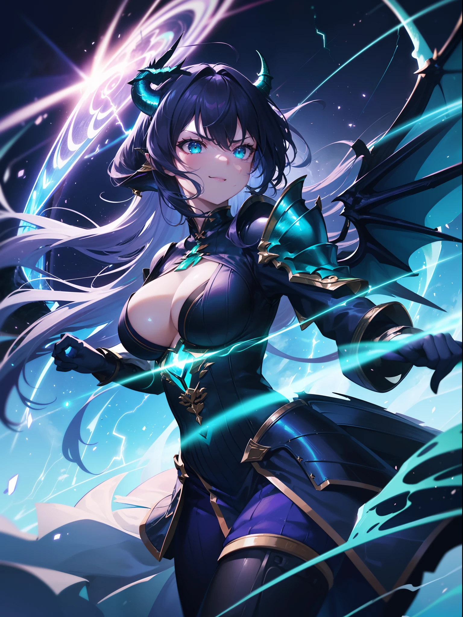 (Blue horn glowing with green lightning:1.7),(Two glowing blue dragon horns:1.3),(Long black hair that glows blue:1.3),Messy straight hair,(Face Focus:1.3),(Slim Face:1.3), (Blue lightning background:1.3),(angry,Smile:1.3) ,(tiny chest:1.0),(Lip close-up:1.3),(dragon knight:1.3), (Two big dragon wings:1.7), (Dressed in the armor of the Purple Dragon Knight:1.3), (complex armour:1.3), (The dragon:1.3),Starry skies and a vortex of light enveloped her, Canon 5D, 85 mm, depth of fields, 8K, ultra sharpness, nffsw, octane, Unreal, Dramatic light, Global Illumination,Motion Picture Film,rainbow,lensflare,(brue eyes:1.3),extremely detailed eye,(Purple Thunder Wave Art:1.3),(Fantasia:1.3),(Agfacolor:1.3),(close portrait:1.3),(Feminine:1.4),(Beautiful:1.4),(Attractive:1.3),Move an angle,perfectly detailed eyes,Themed Background,A completely huge dragon kills a partisan、(Armed combat action:1.3)