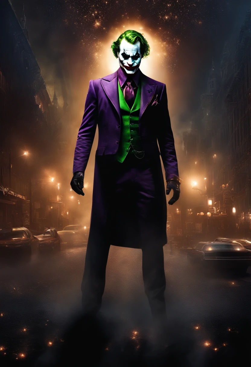 Create a bold graphic illustration of The Joker, the Mob Boss, wearing warrior garments with glowing constellation tattoos across their skin and face. Incorporate elements of the dark fantasy city, nightmare lights, and a starry night as the background."Cosmic Fallen Angel, glowing light eyes, Biomechanical, eerie, Creepy, nightmarish, Very bright colors, Light particles, with light glowing, Mshiff, wallpaper art, UHD wallpaper