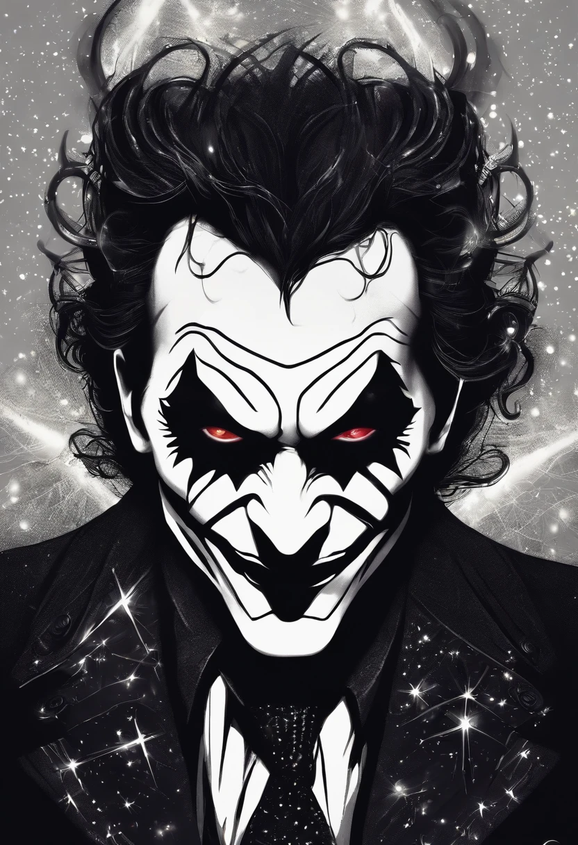 Create a bold graphic illustration of The Joker, the Mob Boss, wearing warrior garments with glowing constellation tattoos across their skin and face. Incorporate elements of the dark fantasy city, nightmare lights, and a starry night as the background."Cosmic Fallen Angel, glowing light eyes, Biomechanical, eerie, Creepy, nightmarish, Very bright colors, Light particles, with light glowing, Mshiff, wallpaper art, UHD wallpaper