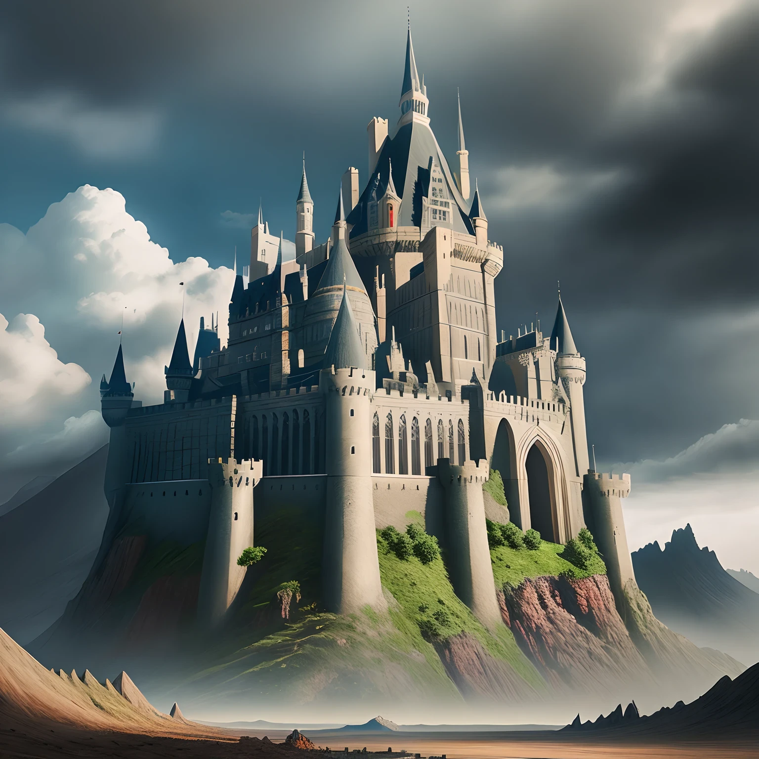 Drawing, fantasy, realism, high detail, castle standing on a volcano, sleeping dragon, 8kk