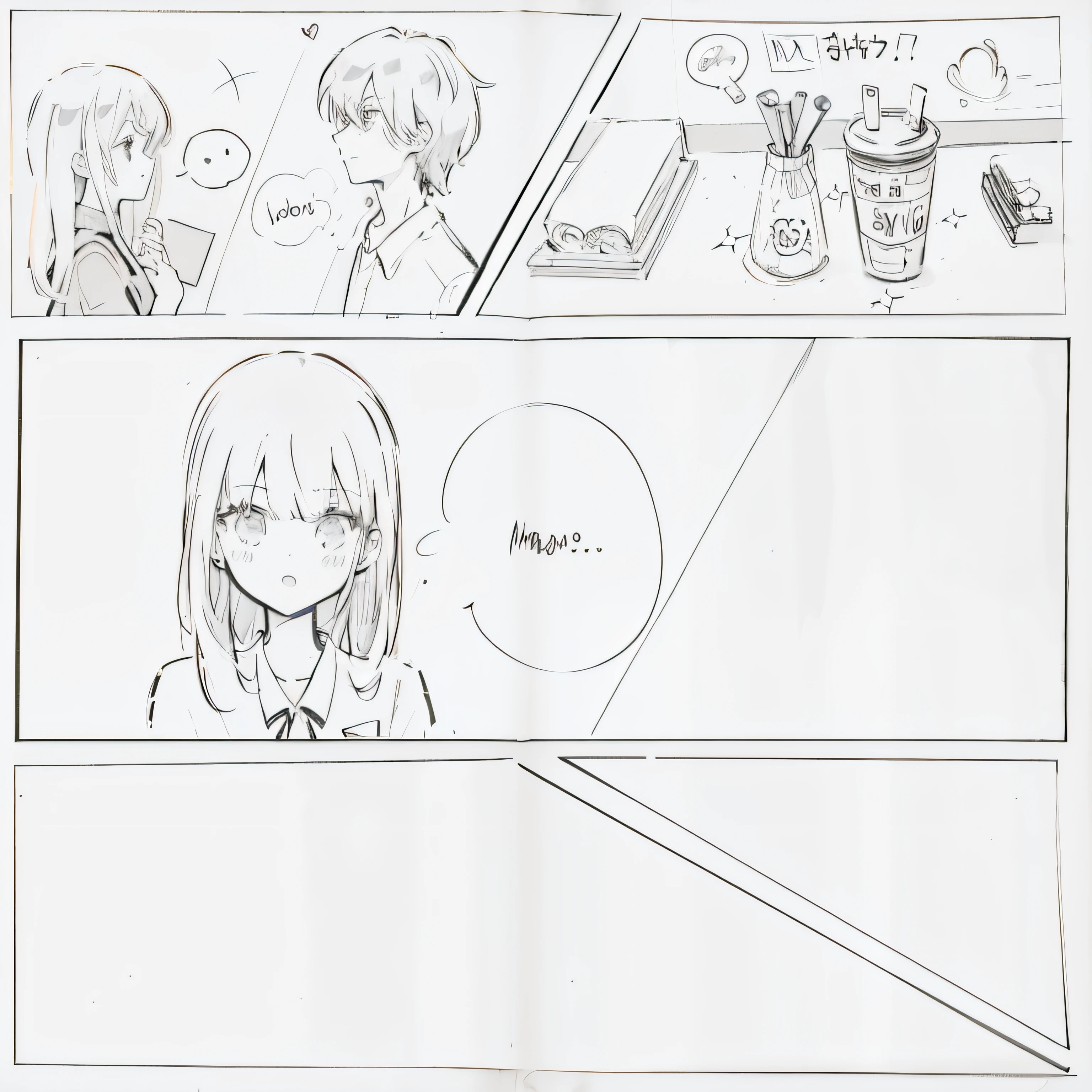a comic strip with a girl and a boy in a room, manga page, kawaii manga style, manga panels, black and white manga page, in style of manga, in manga style, manga panel, comic page, ddlc, by Naka Bokunen, black and white manga panel, kawaii anime manga style, a manga drawing, clean anime outlines