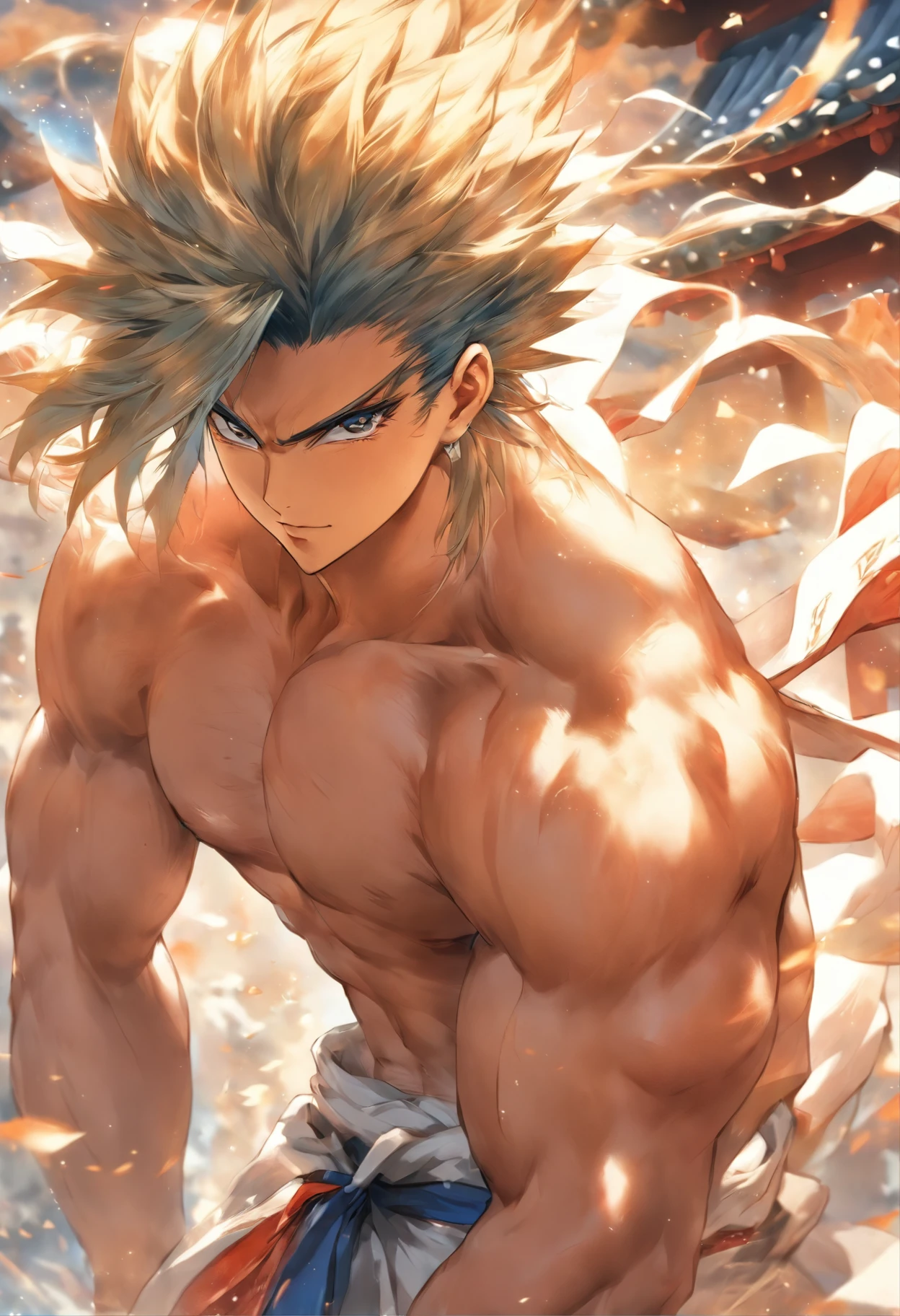 NSFW、One muscular boy、abdominals、pectoral muscles、One handsome boy、traditional Japanese costume、Style、Traditional buildings and views of the Japan、the wind、Traditional costumes、A sexy、Personal、Stylish、opulent、White and blue costume