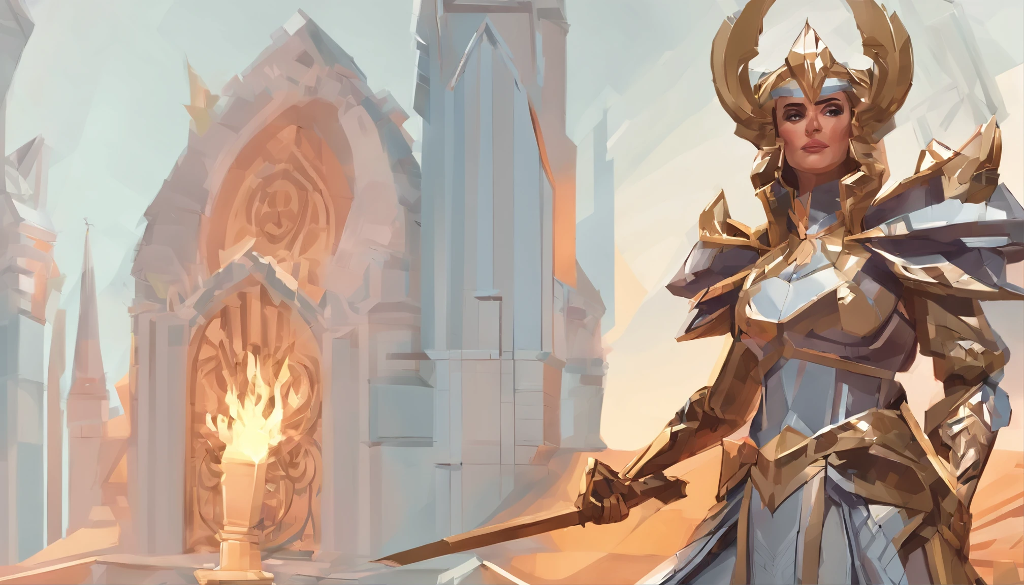 An armored paladin woman kneeling on one knee holding a flaming sword, abstract beauty, Centered, Looking at the camera, Facing the camera, nearing perfection, Dynamic, Highly detailed, smooth, Sharp focus, 8K, high definition resolution, illustration, adobe illustrator, flat, Art by Alphonse Mucha
