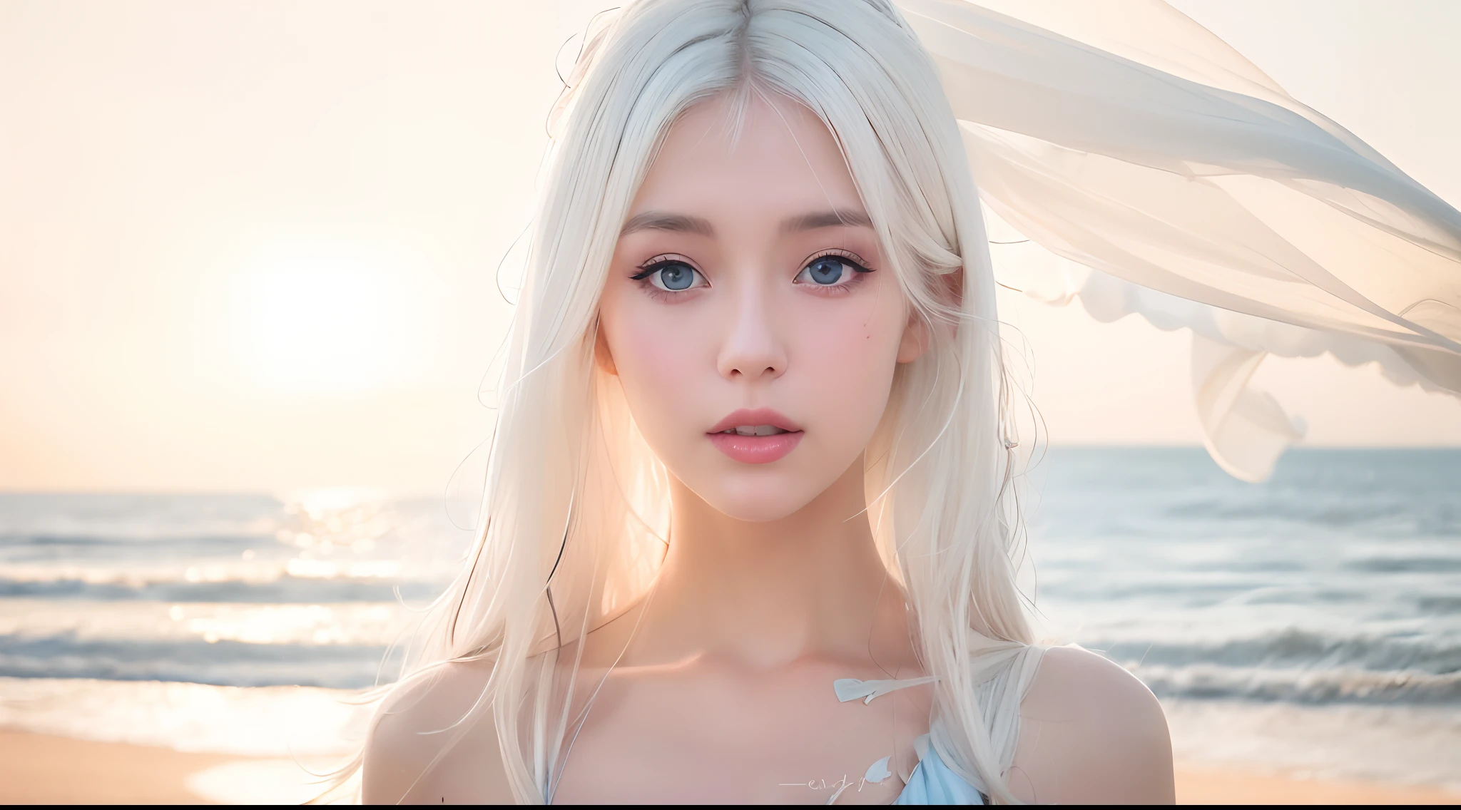 Ibiza Beach, sand, waves, 20 years old woman, Ultra-high clarity, Sharpness, Blonde woman with white hair and blue dress posing for photo, perfect white-haired girl, girl with white hair, with long white hair, with white long hair, portrait of female korean idol, Korean Girl, Flowing white hair, pale milky white porcelain skin, White hair pretty face, soft portrait shot 8 k, ig model | artgerm, white haired