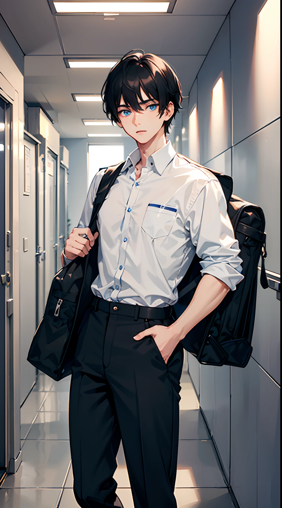 1 boy 19 years old, blue eyes, black hair, white school shirt, black khaki pants, neat clothes, tuck in shirt, carry a student backpack on shoulder, bring a student backpack, students, school hallway, extremely detailed, best graphics, 8k, ultrasharp, masterpiece