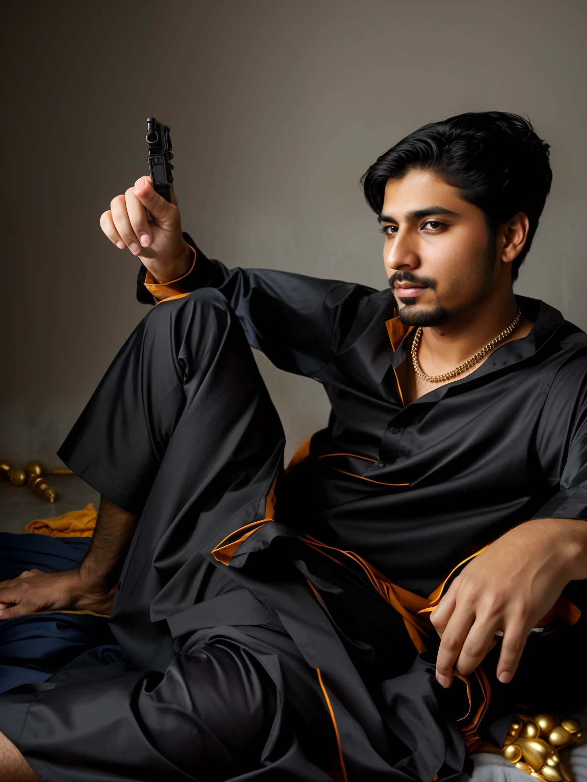 there is a man sitting on a bed pointing at something,wearing black suit and holding a gun, an afghan male type, kyza saleem, khyzyl saleem, wearing a kurta, edited in photoshop, indistinct man with his hand up, by Riza Abbasi, with index finger, very artistic pose, with a cool pose, provocative indian, in an action pose, portrait shot change background