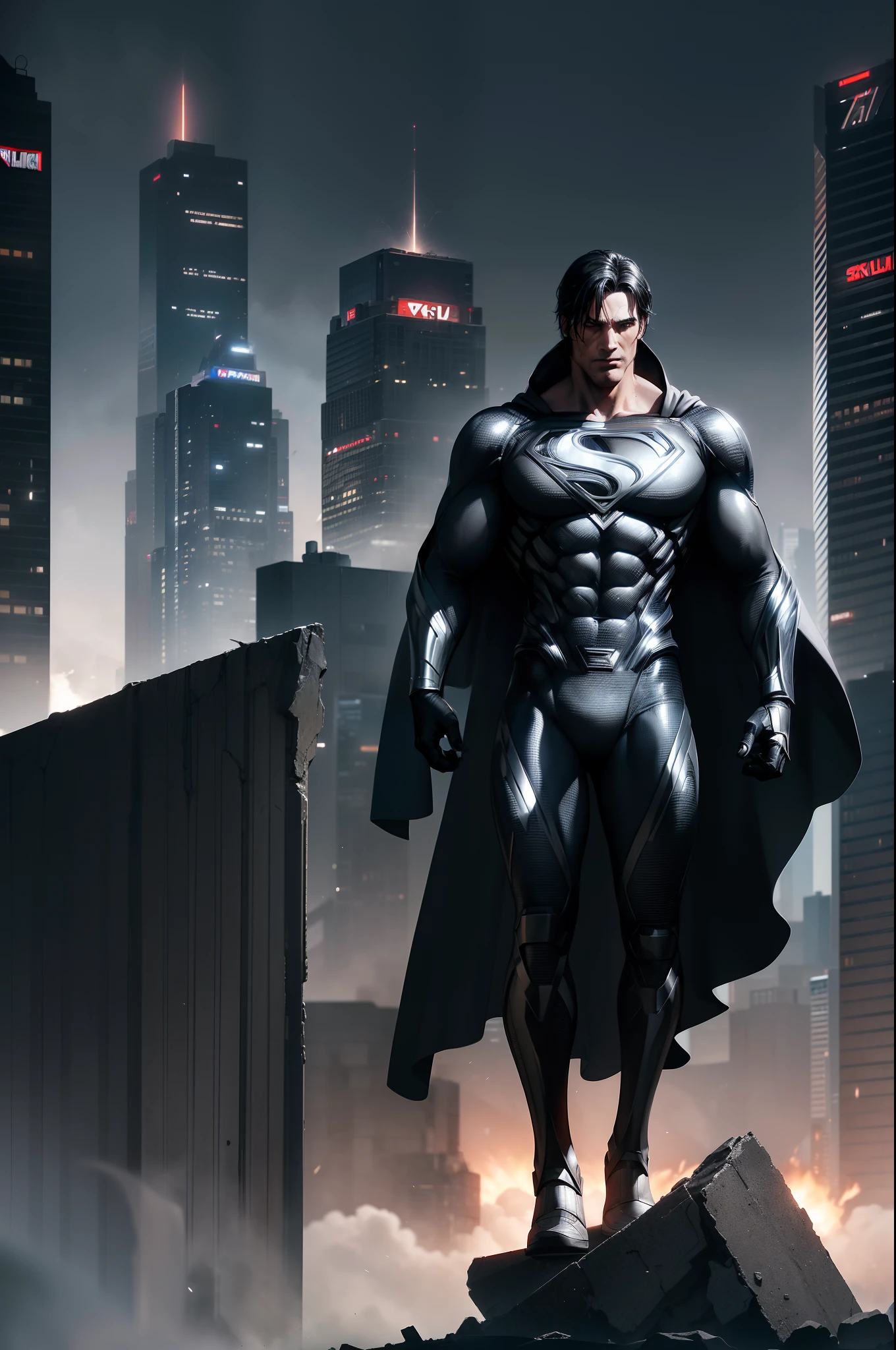 action shots of M1lly4c0k2222 ((wearing a sexier revealing black and silver version of the evil superman suit man of steel)), very skinny, toned body, (explosions in the background a city in ruins), Style-Blade Runner 2049-8v Intricate, High Detail, Sharp focus, dramatic, ((photorealistic))