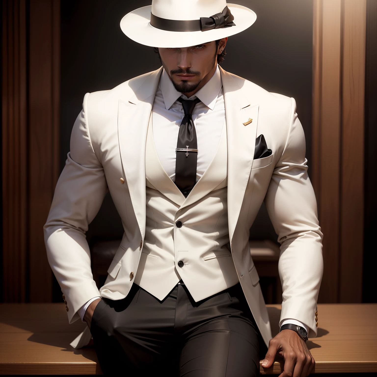 Joe Pelintra, an enigmatic 27-year-old gentleman, alto, negro e elegante, wears an impeccable white suit, blazer branco, camisa branca e uma longa gravata vermelha. white fedora style Panama hat, adornado com uma fita vermelha, coroa sua figura misteriosa. Em um ambiente de bar, ele habilmente usa um baralho para uma senhora hiperealistic