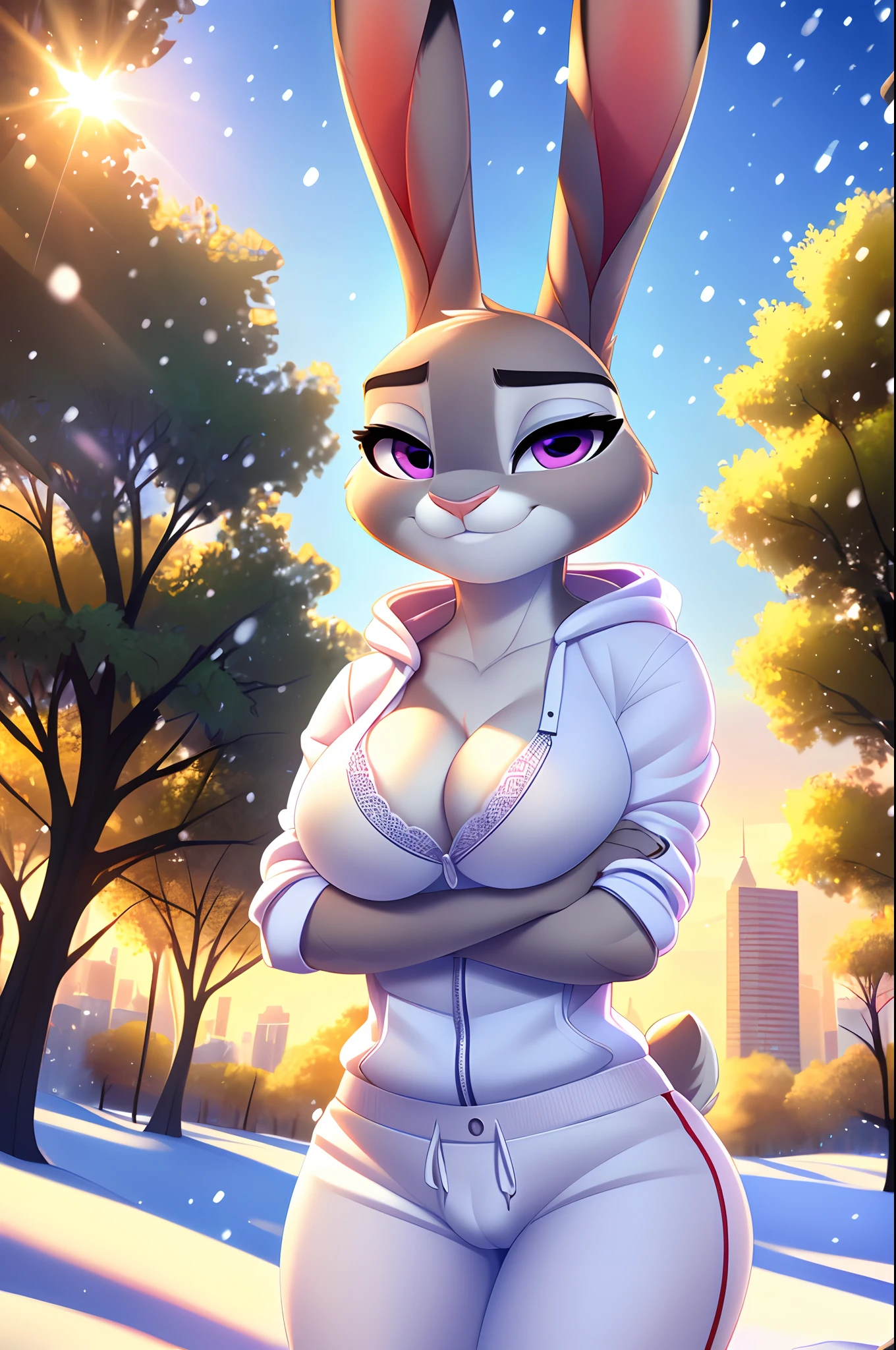 uploaded on e621, by Smileeeeeee, by Whisperfoot, by Kammi-Lu, by Tsampikos, solo anthro, ((portrait)), Judy Hopps, Big City Skyscrapers, Central Park with snow, Beautiful day, Sunny noon day, Portrait Of Stunningly Beautiful Furry Bunny Girl, Soft Delicate Beautiful Attractive Face With Alluring Purple Eyes, Voluminous Eyebrows, Thick Eyelashes, (Smug Face:1.1), Bunny Snout, sexy gaze at viewer, (half-closed eyes), looking at viewer, Gray Thick Layered Body Fur, Long Bunny Ears With Tail, BREAK, medium sized breasts, (standing on snow), ((cleavage overflow)), (exposing her breasts), ((body facing the viewer)), ((view from the front)), ((looking at the viewer)), (visible cameltoe), BREAK, located in a park, Beautiful Park with Trees, City Park Background, (Highest Quality, Amazing Details:1.4), Cel Shading, Raytracing, Color Grading, 3D Animation, Picturesque Scenery, BREAK, furry breasts, ((perfect body)), short waist, ((SFW)), ((wear white hoodie), ((wear white sweatpants)), (cameltoe), (tight clothing), BREAK, (sunrise in the background), (sunrays through the leaves of the trees), (sunlight hitting on Judy Hopps), (warm lighting), cold weather, (cold snow environment), ((snowing)), (crossed arms:1.4)