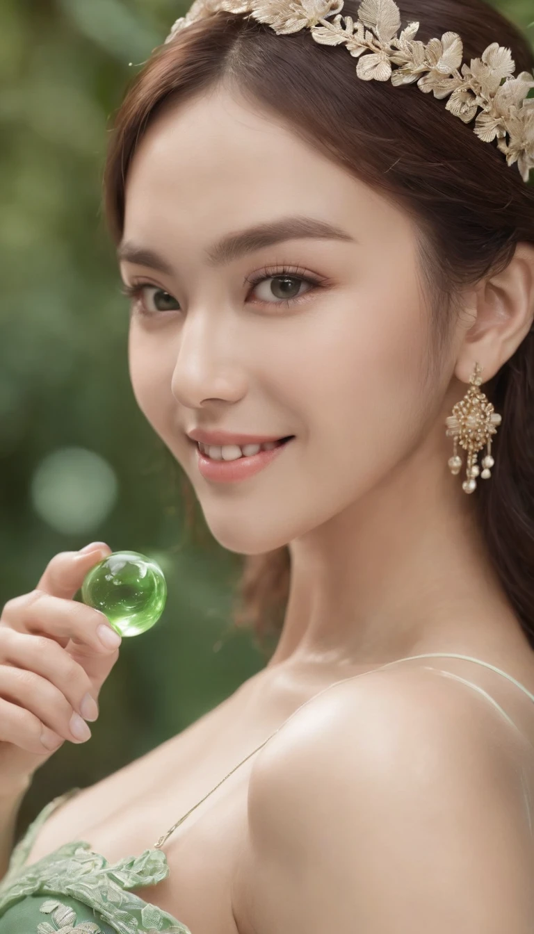 myth,argent,kebaya,Scroll,batik,sleeveless, treasure,universe, face the camera, smile, 19 year old girl, cute girl, beautiful girl, indonesian model, white healthy skin, delicate eyes, tied-up hair, ethnic earrings, flower tiara, full body photo, ultra realistic hands, ultra realistic fingers, ultra detailed hands, ultra detailed fingers, (sexy body:1.2), (slim waist:1.2), product photo shot, holding a very tiny green serum bottle