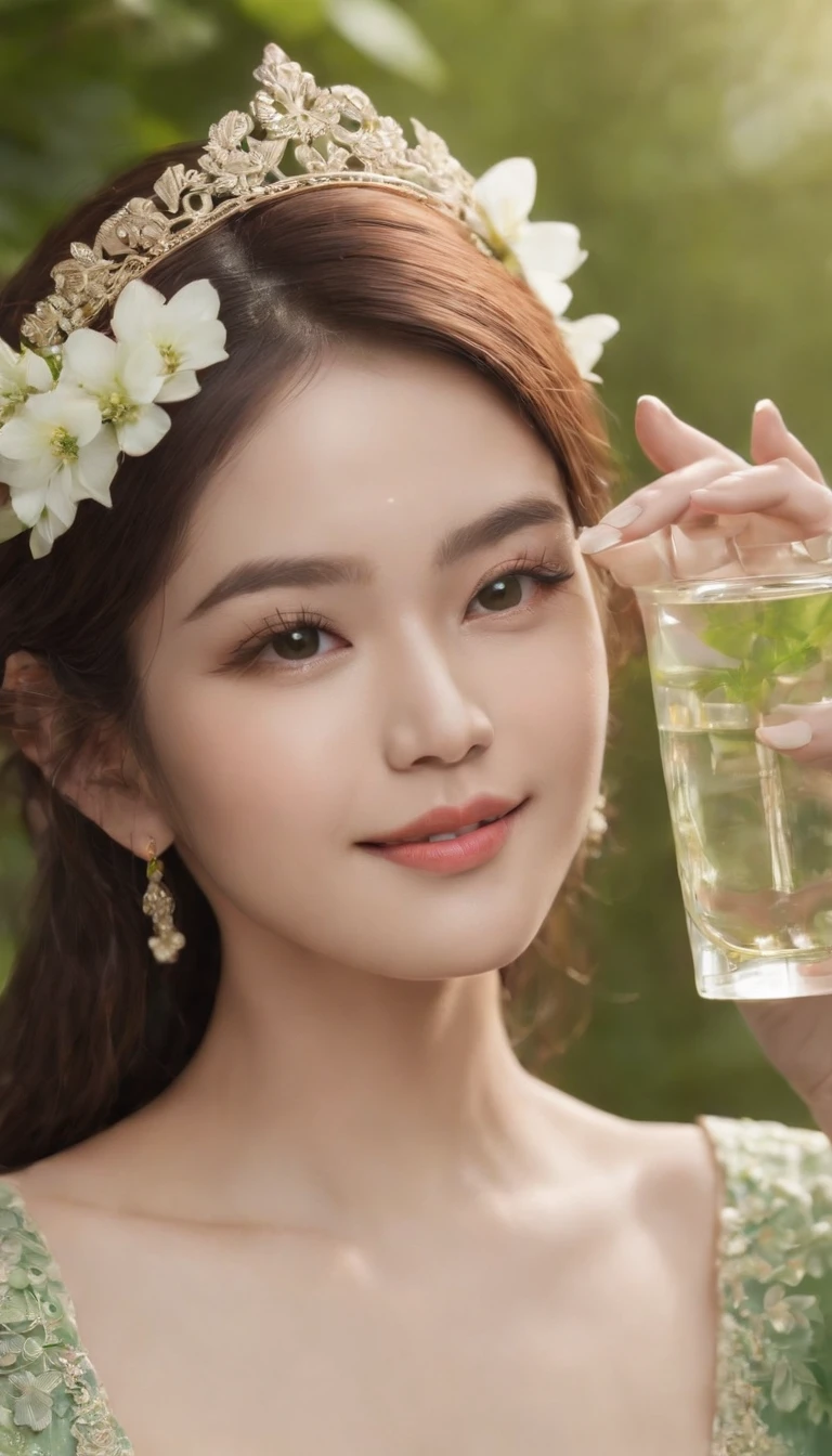 myth,argent,kebaya,Scroll,batik,sleeveless, treasure,universe, face the camera, smile, 19 year old girl, cute girl, beautiful girl, indonesian model, white healthy skin, delicate eyes, tied-up hair, ethnic earrings, flower tiara, full body photo, ultra realistic hands, ultra realistic fingers, ultra detailed hands, ultra detailed fingers, (sexy body:1.2), (slim waist:1.2), product photo shot, holding a very tiny green serum bottle