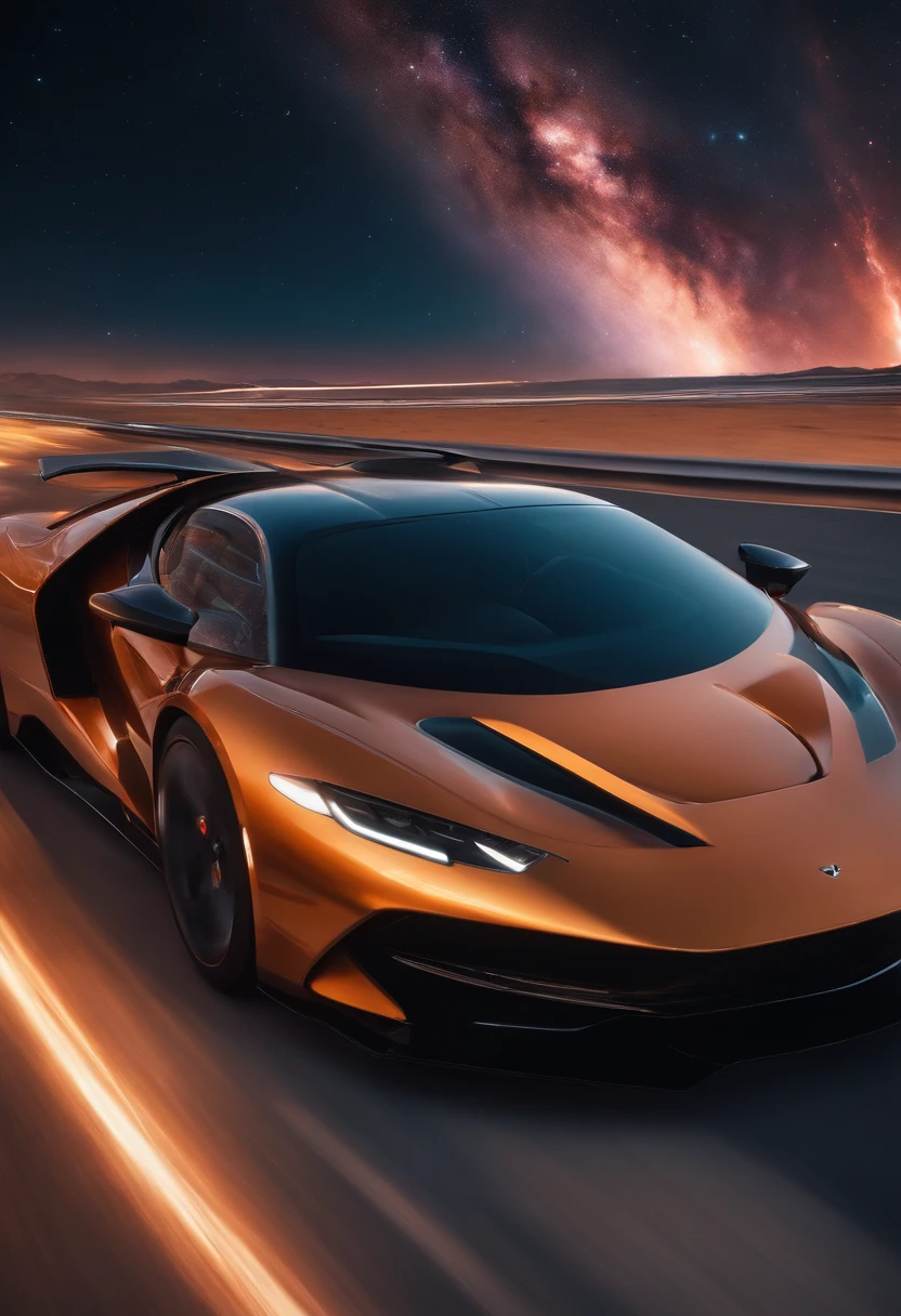 Envision a supersonic racetrack suspended high above a massive, glowing nebula in deep space. Craft a photorealistic supercar that navigates this celestial circuit with blazing speed. The vehicle should be a fusion of advanced technology and cosmic beauty, with a shimmering, ethereal aura. Let the colors of the nebula inspire the car's design, casting a hypnotic, otherworldly glow as it streaks through the cosmos.