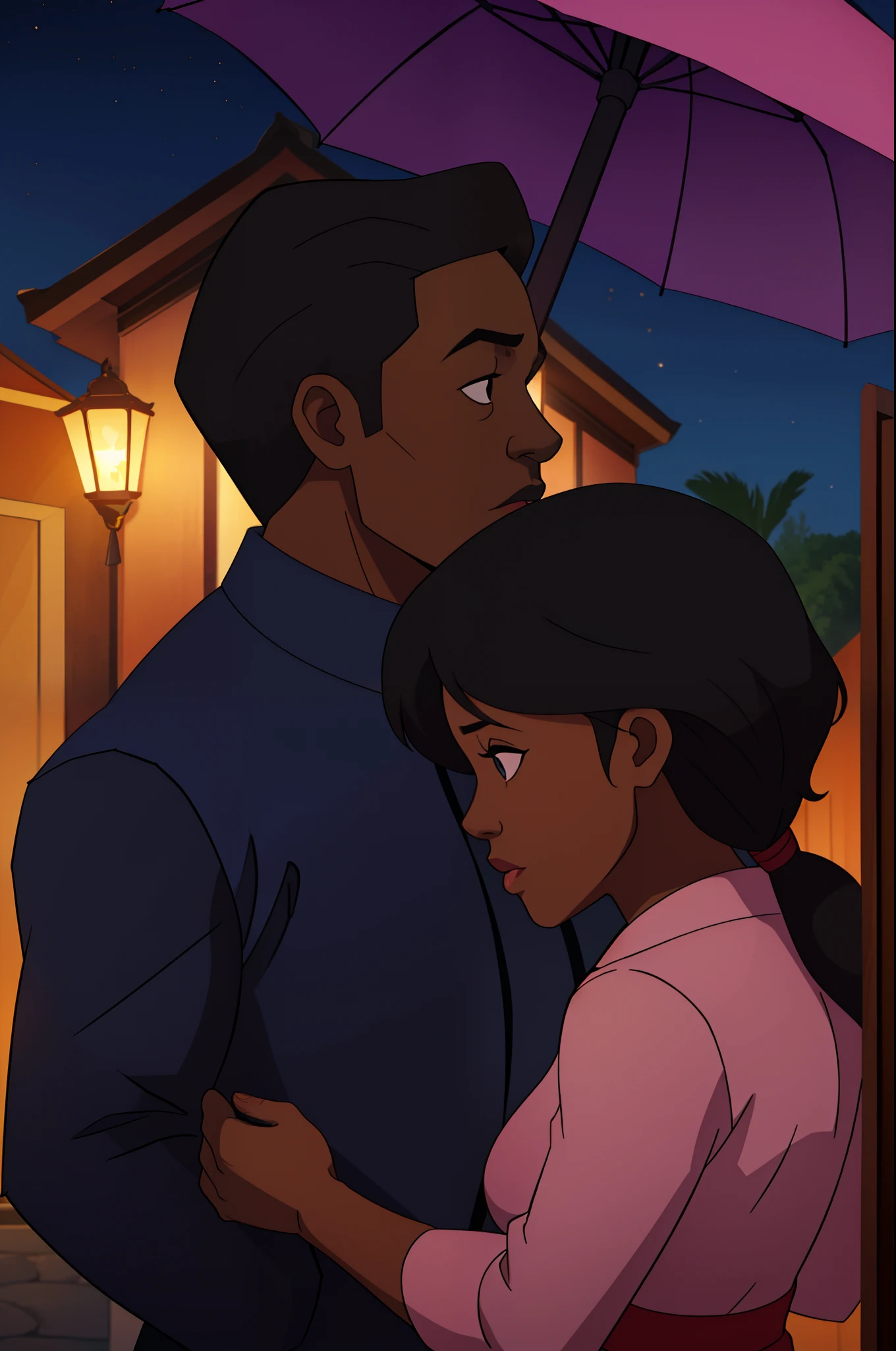 profile view, beautiful date of a lovely black couple at the age of 50, black man and black woman, woman a little bit fat with small tits, so lovelymood, at night, with umbrella