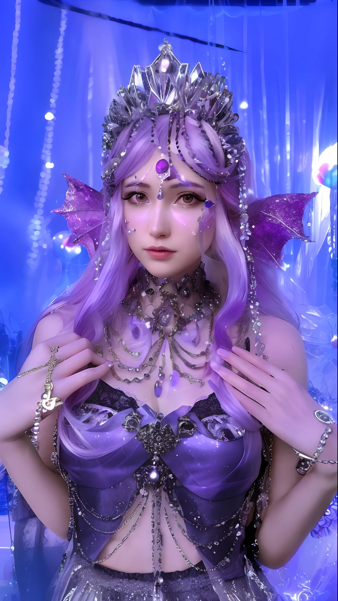 Woman with purple hair,Purple hair and purple clothing, jellyfish priestess, ((a beautiful fantasy empress)), closeup fantasy with water magic, portrait of mermaid queen, jellyfish headdress, Ethereal fantasy, a beautiful fantasy empress, Gorgeous Role Play, fantasy aesthetic!, astral fairy, princess of amethyst, beautiful elf with violet skin, hyper-detailed fantasy character, Ethereal!!! Ultra photo realsisim