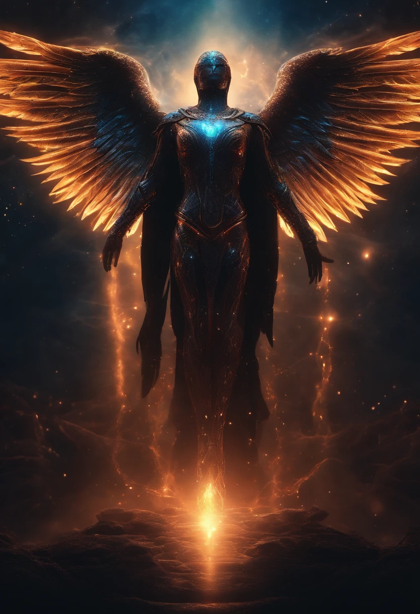 Cosmic Fallen Angel, glowing light eyes, Biomechanical, eerie, Creepy, nightmarish, Very bright colors, Light particles, with light glowing, Mshiff, wallpaper art, UHD wallpaper