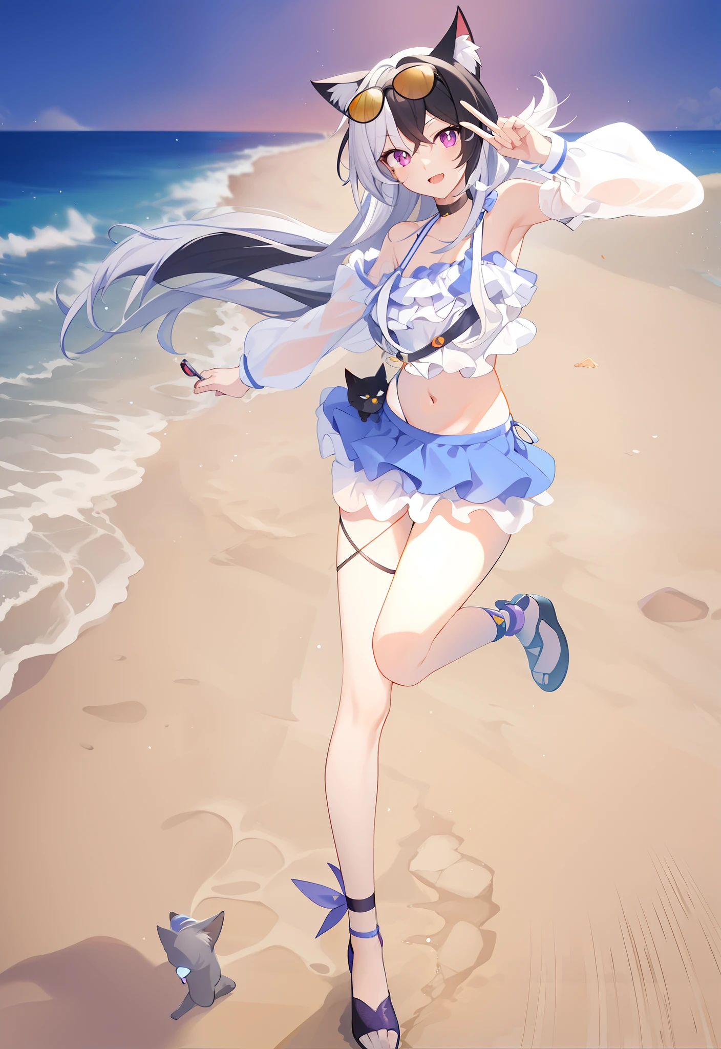 tmasterpiece,HighestQuali,Anime girl running on beach, Black and white hair,Orange sunglasses on the head,Purple eye,in the beach, scissor hands,Cat-eared girl,Cat lady,swim wears,Guviz, Have by the sea, in beach, on the beach, Seafront, On a sunny beach
