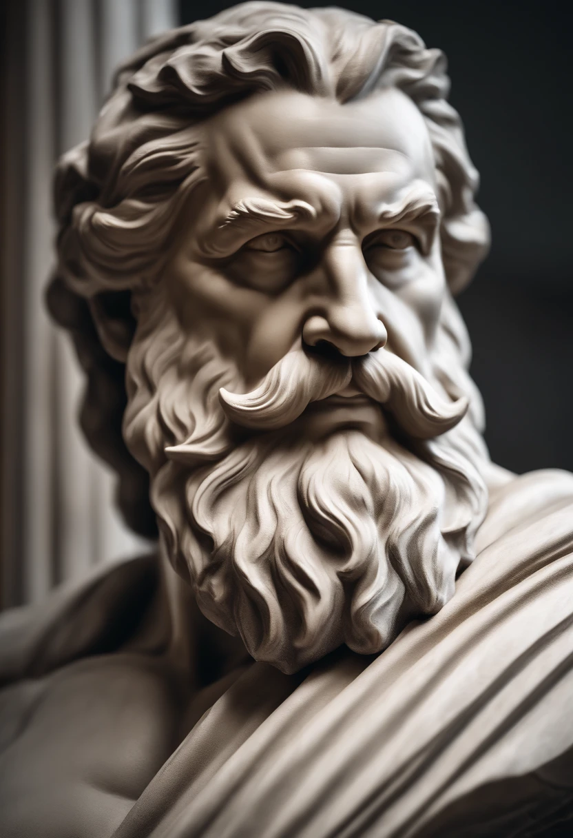 (best quality,8k,highres,masterpiece:1.2),ultra-detailed,(realistic,photorealistic,photo-realistic:1.37),Zeus Greek,bust statue,stronger,looking aside,immortalized,minute details,white background,marble texture,expressive face,thunderbolt symbol,powerful gaze,dream-like aura,dramatic lighting,sense of majesty,bearded,wrinkles,aged appearance,imposing presence,muscular build,weathered look,majestic crown,fierce expression,ancient deity,artistic interpretation,masterful craftsmanship,proud stance,royal robes,commanding posture,vibrant colors,timeless beauty,mesmerizing sculpture,awe-inspiring presence