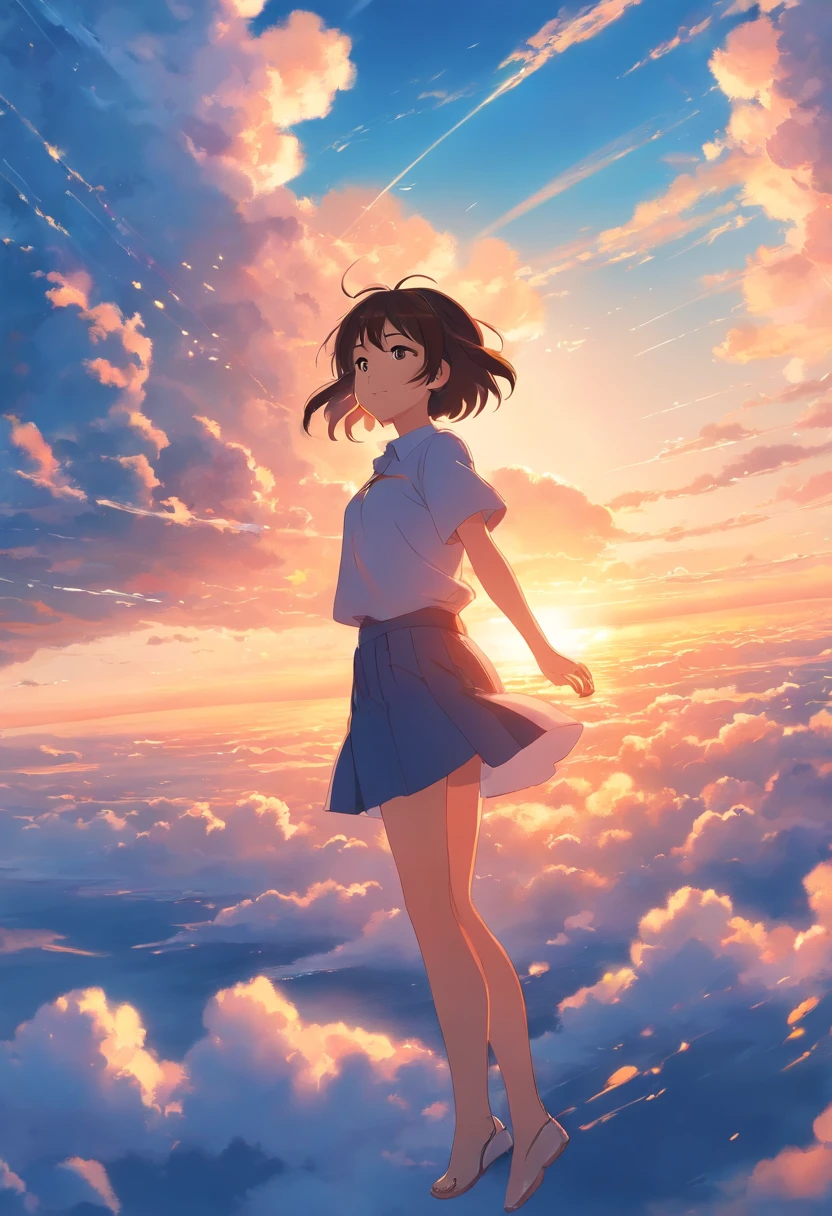 masterpiece, best quality, movie still, 1girl, cloud girl, floating in the sky, close-up, bright, happy, warm soft lighting, sunset, (sparks:0.7)