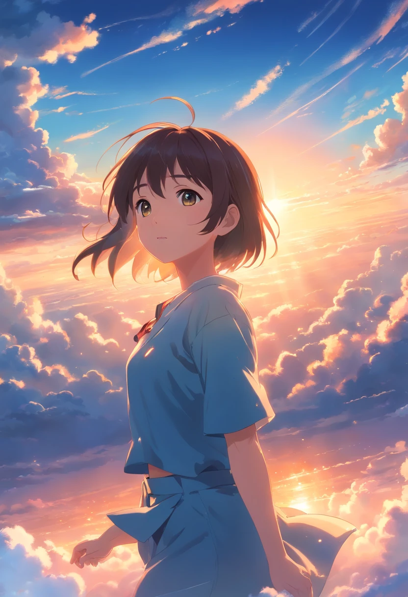 masterpiece, best quality, movie still, 1girl, cloud girl, floating in the sky, close-up, bright, happy, warm soft lighting, sunset, (sparks:0.7)