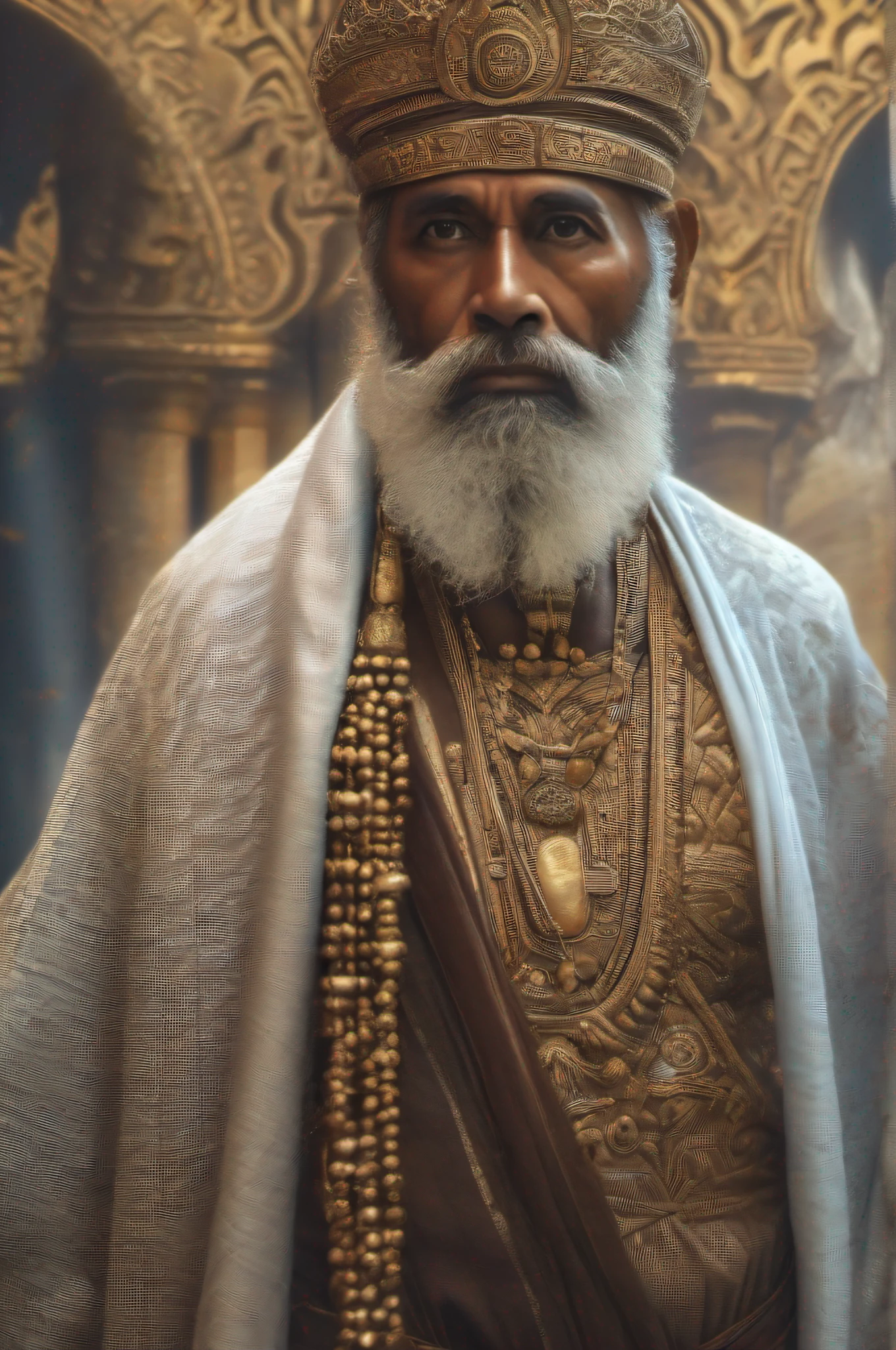 foto raw, retrato de um rei sabio, homem de 60 anos com barba e longos cabelos brancos, vestindo as roupas de um rei (bem detalhada), vestindo uma coroa dourada com joia, pele palida, corpo magro, (fundo de um templo antigo) (pele altamente detalhada), UHD 32K, with soft lighting, alta qualidade