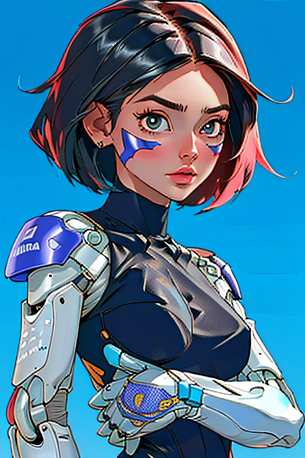 1girl, (high resolution), (8k), (extremamente detalhado), (4k), (CG), (rosto perfeito), (Olhos e rosto bonitos), (melhor qualidade), (super detalhado), (rosto e olhos detalhados), (sozinho), short hair, cabelos pretos, olhos castanhos, Bodysuit, collant, marca facial, mechanical arms, Cyberpunk, pintura facial, android, Brilho, (Asas), sexy, Background Story:cidade, blue skies, sentado
