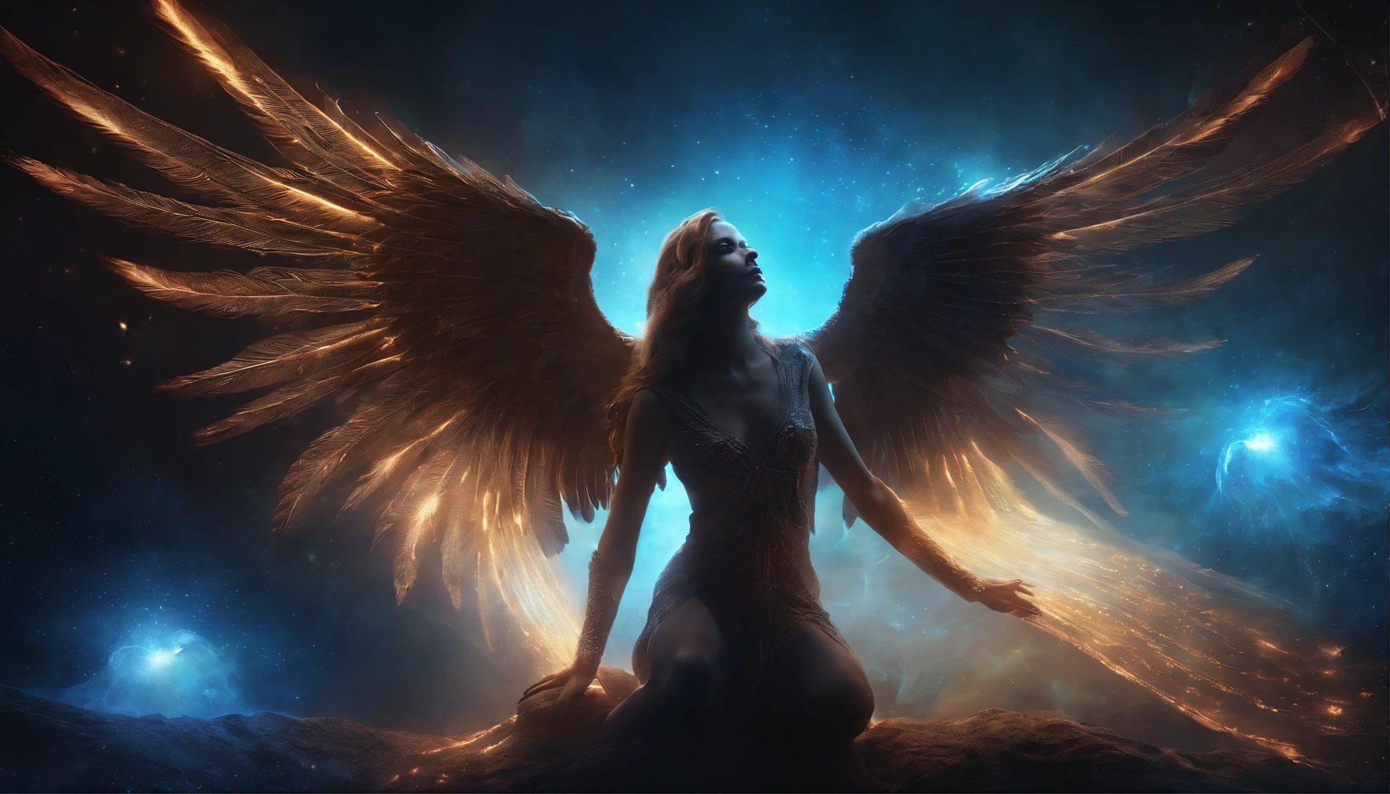 Cosmic Fallen Angel, glowing light eyes, Biomechanical, eerie, Creepy, nightmarish, Very bright colors, Light particles, with light glowing, Mshiff, wallpaper art, UHD wallpaper