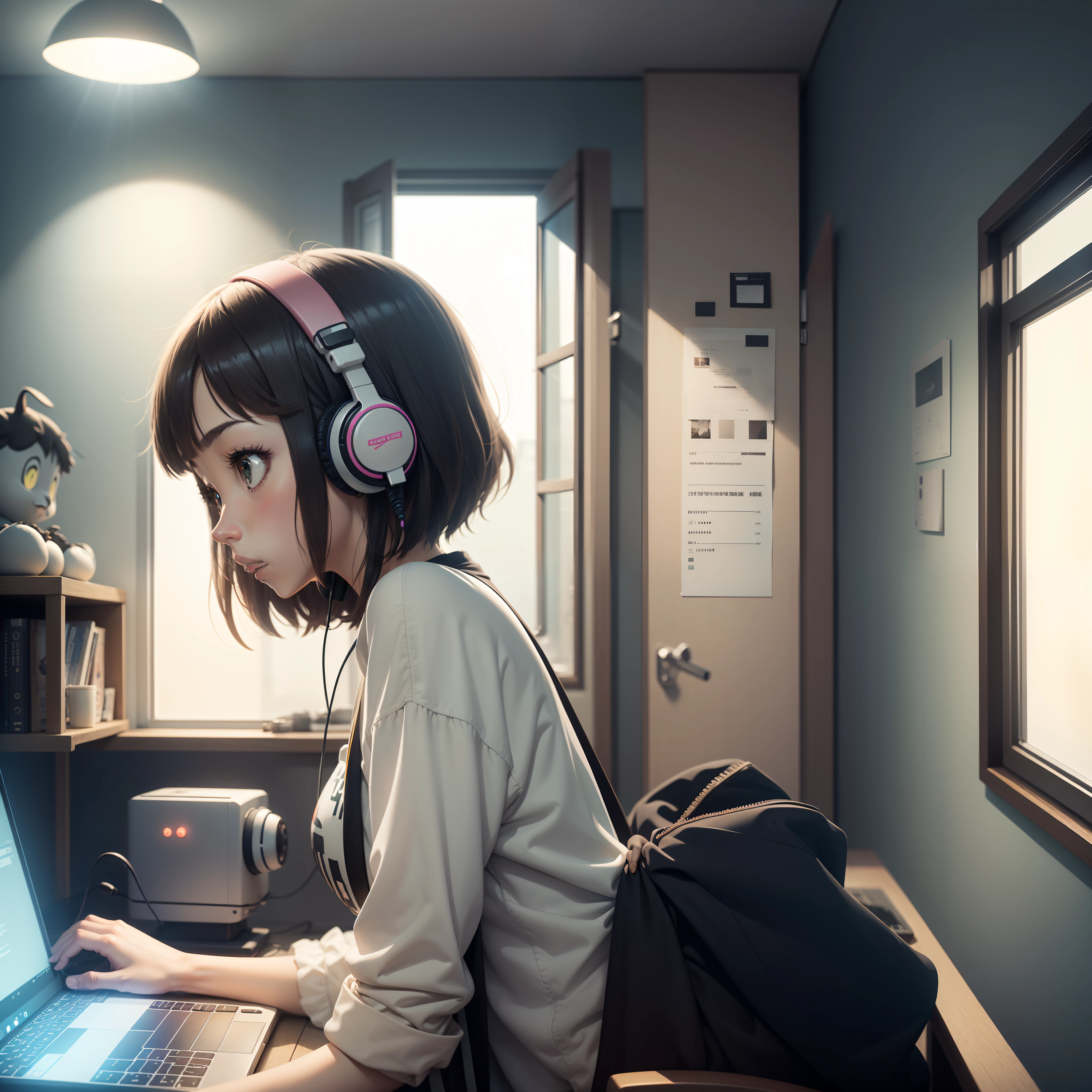 anime girl with headphones on typing on a laptop in a room, lofi girl, lofi artstyle, lofi art, style in ghibli anime style, style in ghibli anime, in the studio ghibli anime film, ghibli studio anime style, lofi, lofi feel, lofi colors, studio ghibli composition, lofi girl aesthetic