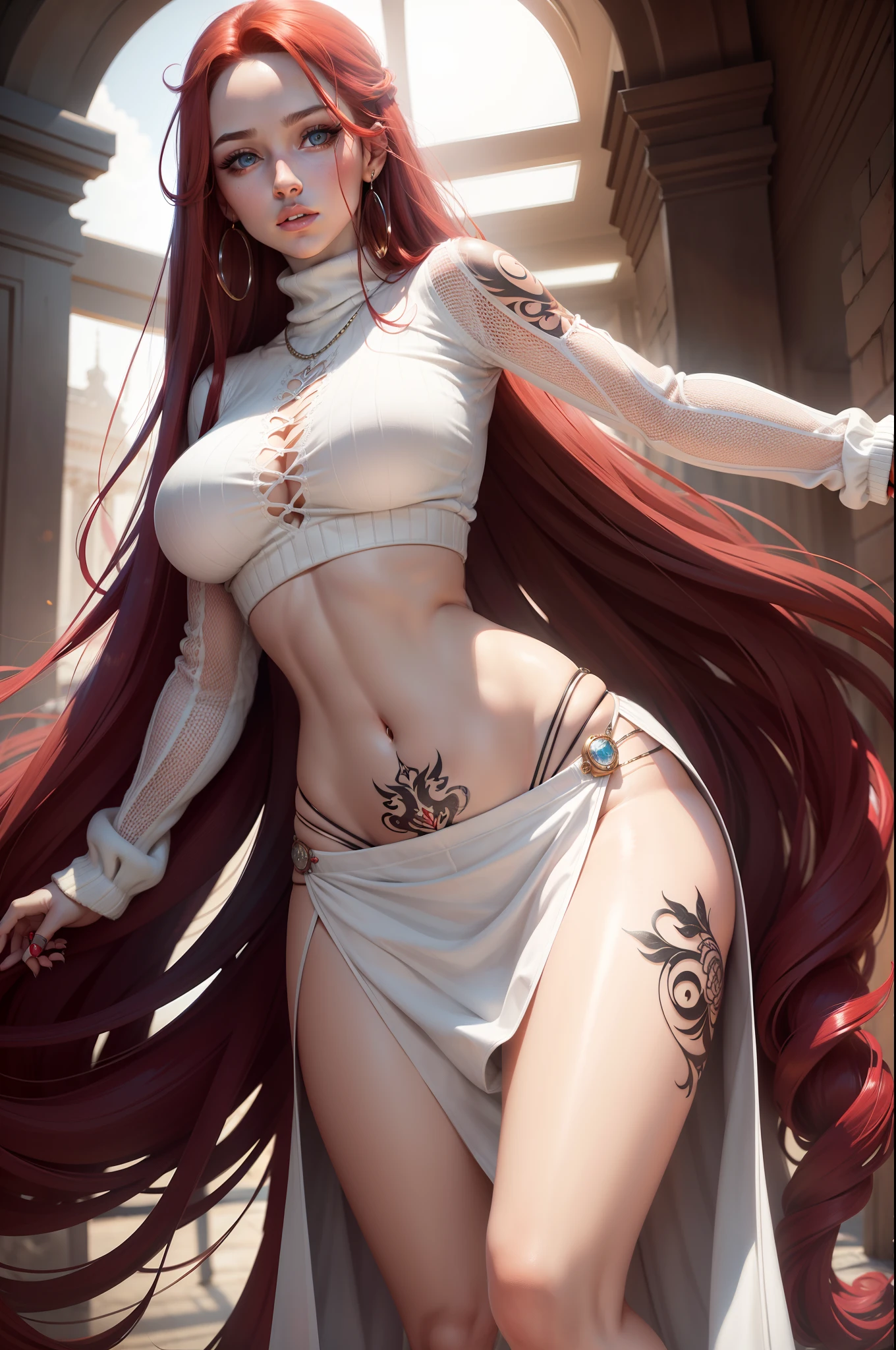 Photorealistic, High resolution, 1 woman, hips up high, Beautiful eyes, Long hair, Ringed Eyes, Jewelry, The tattoo, long red hair with white mesh color,, Sweaters, Long skirt