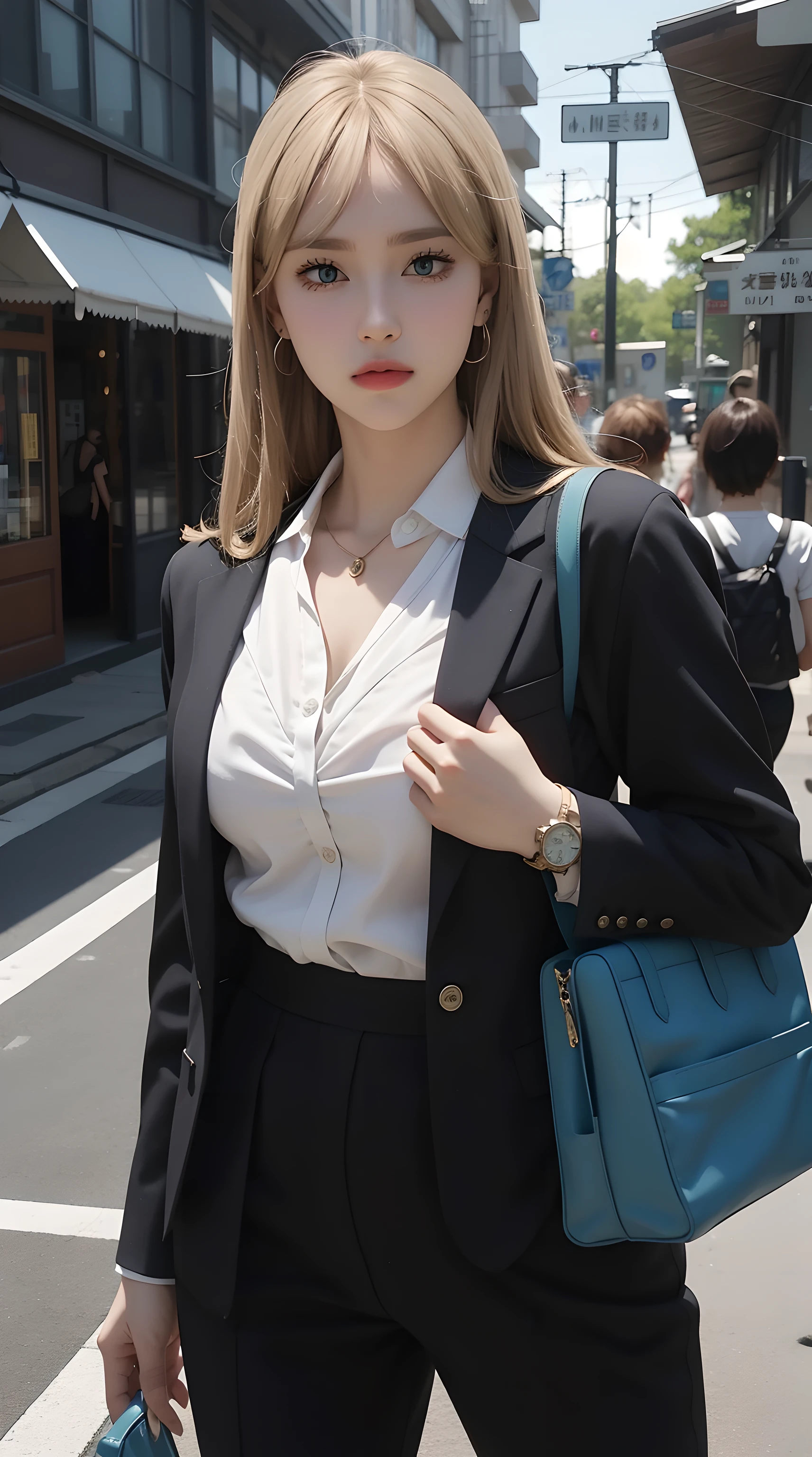 charlotte from the anime black clover, long hair, blonde hair, blue eyes, beautiful, beautiful woman, perfect body, perfect breasts, wearing a white formal shirt, black blazer, black trousers, carrying a bag, wearing a watch, wearing earrings, in public, creatures in tokyo city, being on the street, looking at the viewer, a slight smile, realism, masterpiece, textured skin, super detail, high detail, high quality, best quality, 1080p, 16k