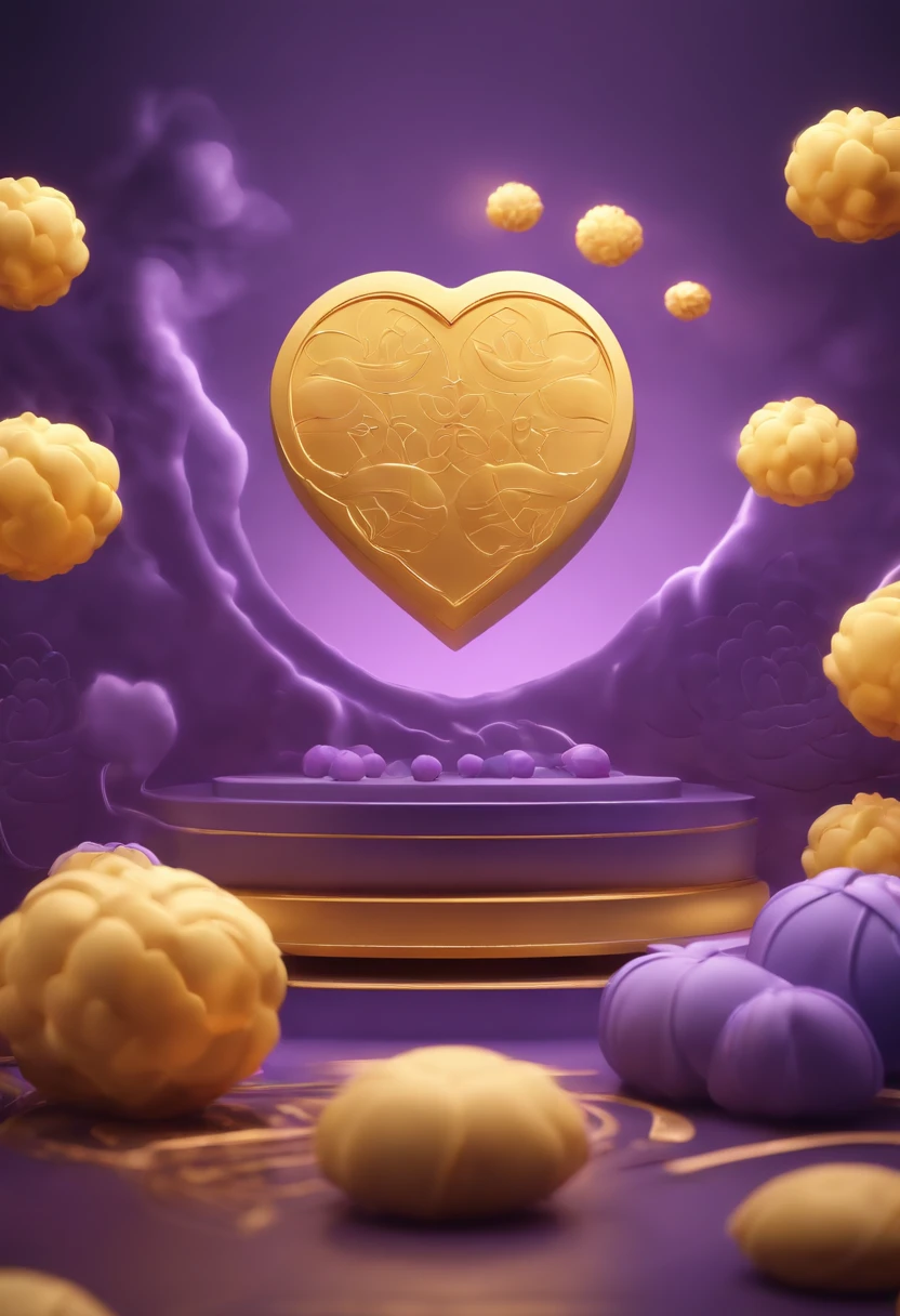 The phone opening page，Chinese Mid-Autumn Festival，Consists of light purple and yellow，Lots of smoke clouds，Golden full moon，A small white free，Mooncake image in playful dream style，Render in Cinema4D，Use a light background，made of cheese，Toy core
heart，32k UHD--ar 3:4 --s 180