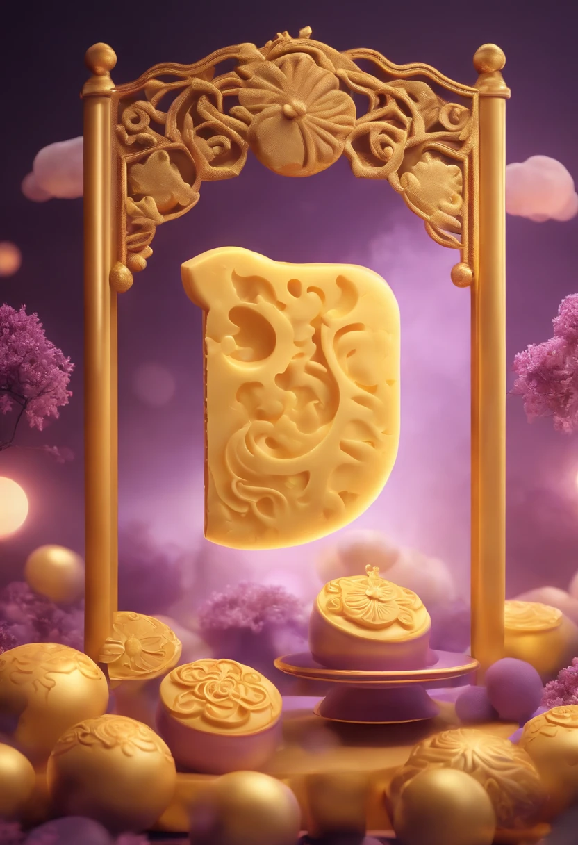 The phone opening page,Chinese Mid-Autumn Festival,Consists of light purple and yellow,Lots of smoke clouds,Golden full moon,A small white free,Mooncake image in playful dream style,Render in Cinema4D,Use a light background,made of cheese,Toy core
heart,32k UHD--ar 3:4 --s 180