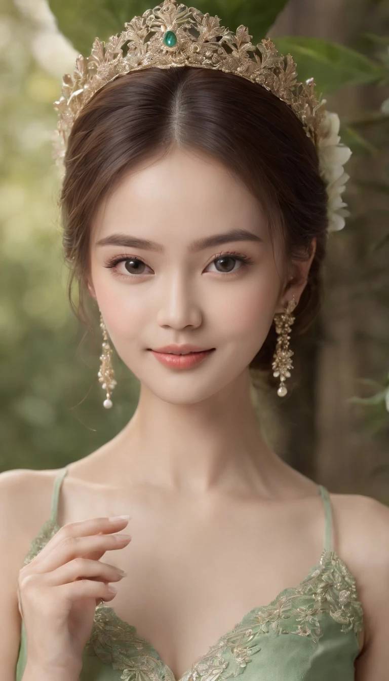 myth,argent,kebaya,Scroll,batik,sleeveless, treasure,universe, face the camera, smile, 19 year old girl, cute girl, beautiful girl, indonesian model, white healthy skin, delicate eyes, tied-up hair, ethnic earrings, flower tiara, full body photo, ultra realistic hands, ultra realistic fingers, ultra detailed hands, ultra detailed fingers, (sexy body:1.2), (slim waist:1.2), product photo shot, holding a very tiny green beauty serum tube