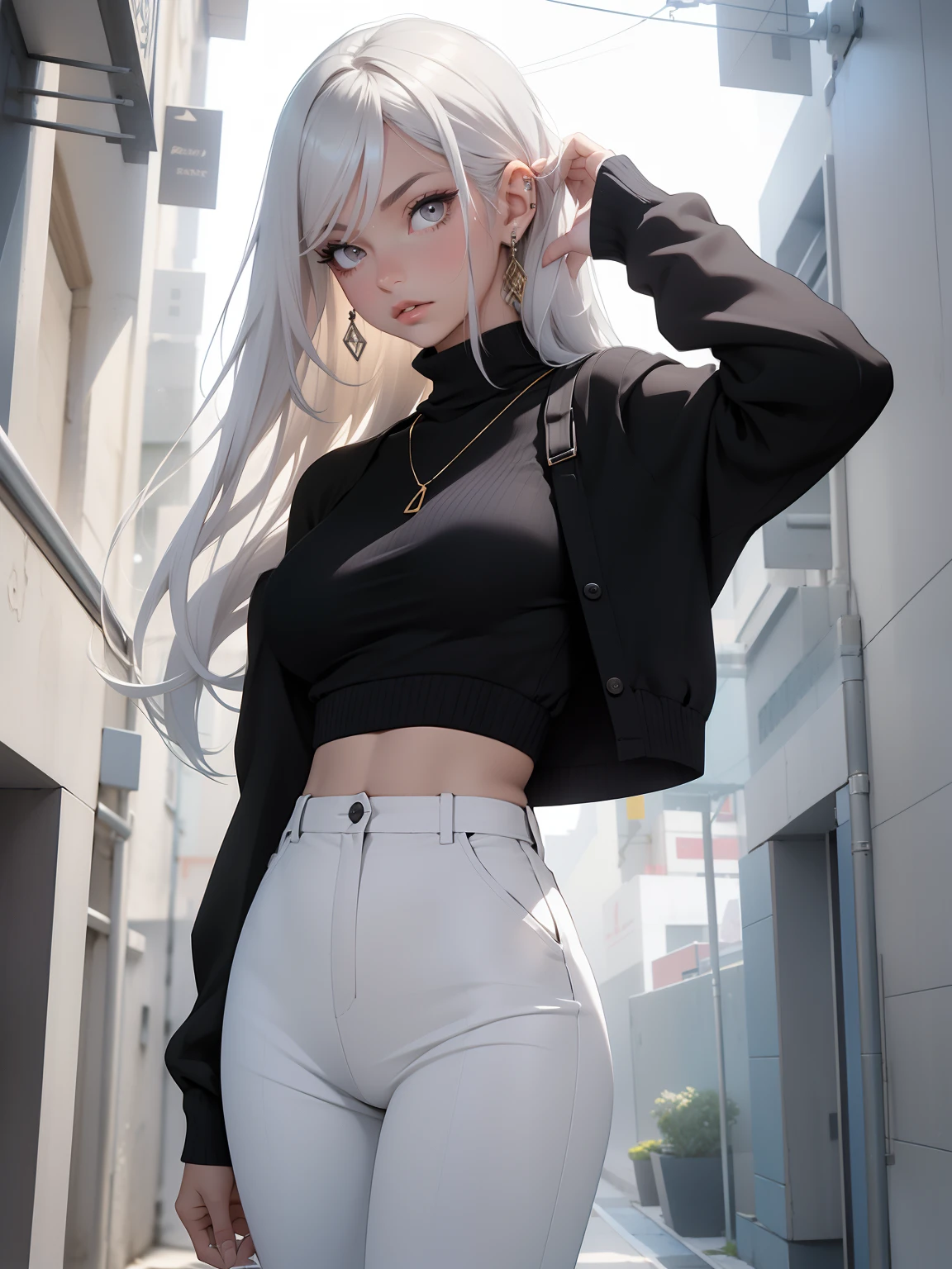 A close up of a person wearing a black top and white pants - SeaArt AI