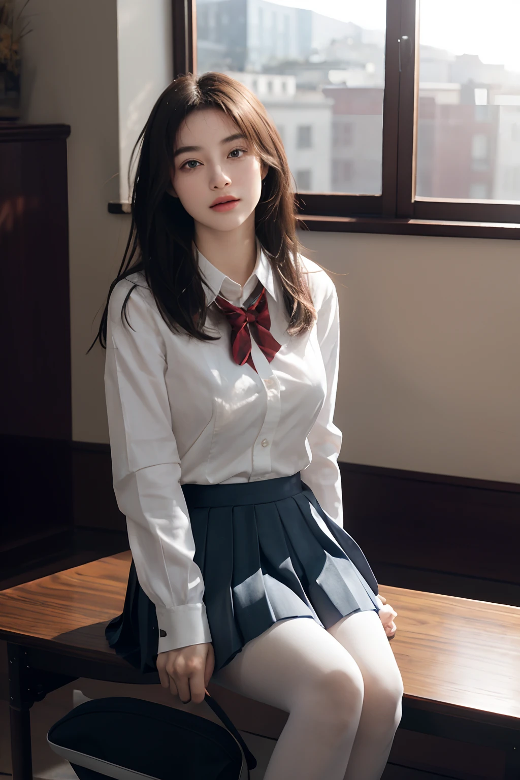 ((8k:1.27)、top-quality、masterpiece、超A high resolution:1.2) A cute Japanese woman,(Beautiful fece:1.1) 、one woman,large breasts,lift up skirt,gravure,sexy pose,school uniform,medium hair,black hair,black eyes,embarrassed,beautiful face,in the classroom,best quality,masterpiece,ultra-detailed,masterpiece, extremely fine and beautiful,