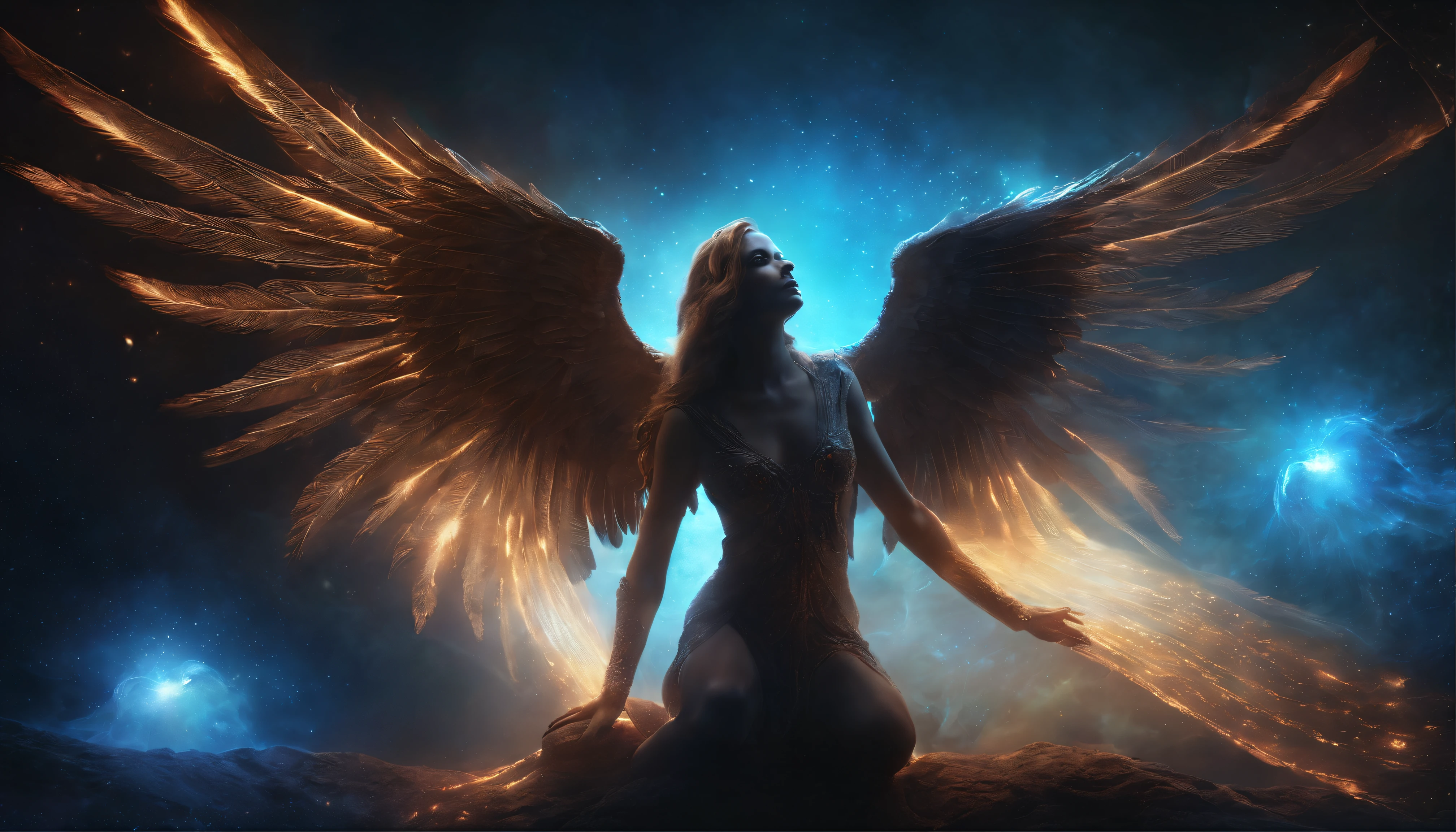 Cosmic Fallen Angel, glowing light eyes, Biomechanical, eerie, Creepy, nightmarish, Very bright colors, Light particles, with light glowing, Mshiff, wallpaper art, UHD wallpaper
