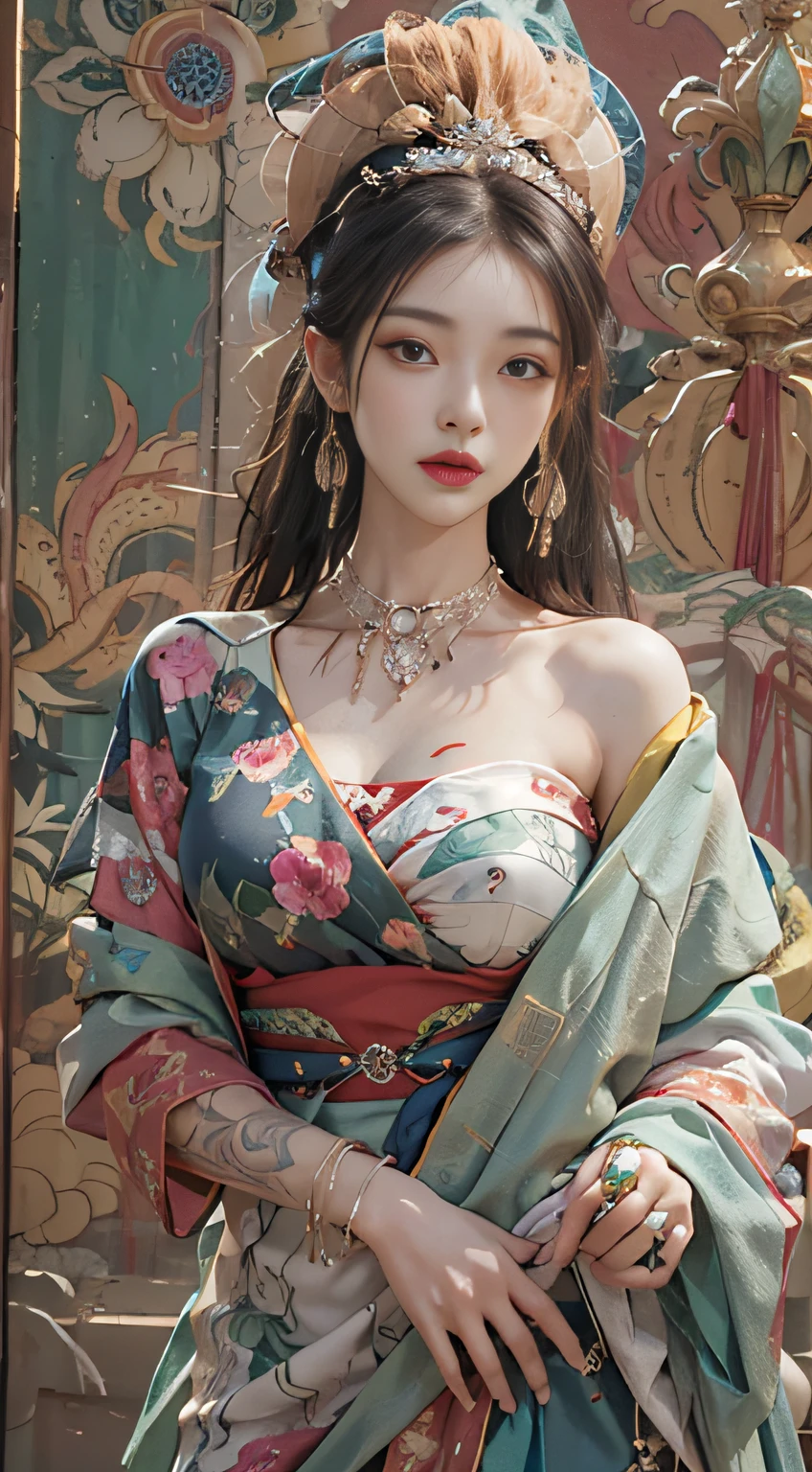Photorealistic, high resolution, 1womanl, Solo, Hips up, view the viewer, (Detailed face), dunhuang_dress, jewelry, tattoo