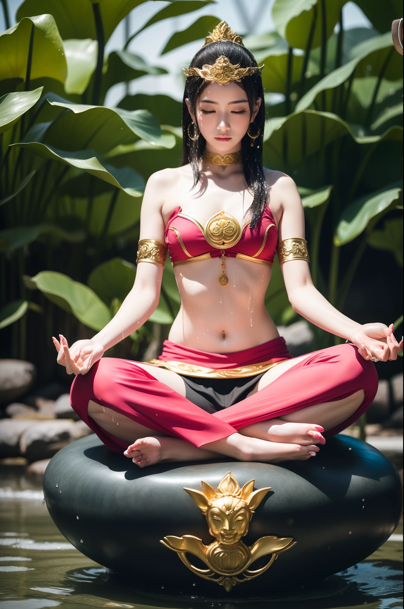 a compassionate bodhisattva avalokiteshvara with multiple arms holding symbols of mercy, serene expression, sitting in lotus position, tranquil garden with cherry blossoms and reflective pond, (best quality,4k,8k,highres,masterpiece:1.2),ultra-detailed,(realistic,photorealistic,photo-realistic:1.37),extremely detailed eyes and face,longeyelashes,stunning colors,divine lighting,digital painting,concept art