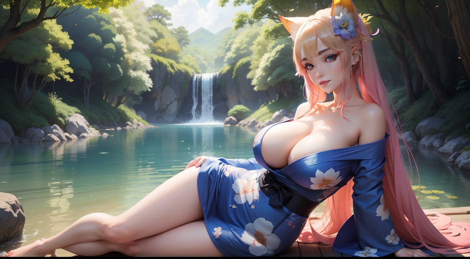 An adult nine-tailed kitsune with long blonde hair, bangs covering forehead, bright blue iris, glossy pink lips, smiling, her clothes resemble a quite expensive look wearing a tight and short one-piece white yukata with blue flower patterns which hugs and covers her perfect curves showing off the size of her big breasts and slim waist, she wears the yukata off-shoulder but still covers her breasts. She poses in front of a blue lake in a bright fantasy forest. One person, front view.