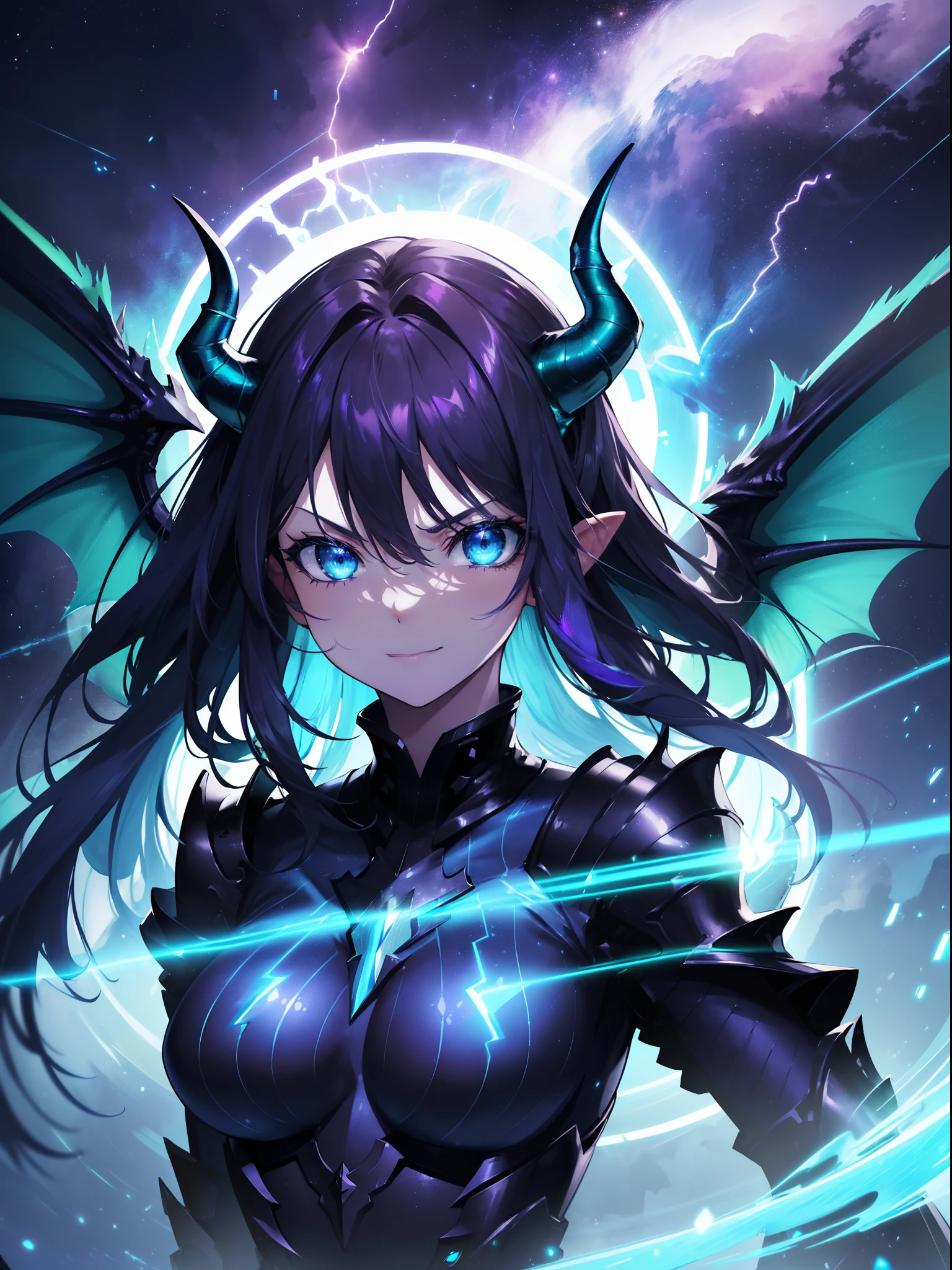 (Blue horn glowing with green lightning:1.7),(Two glowing blue dragon horns:1.3),(Long black hair that glows blue:1.3),Messy straight hair,(Face Focus:1.3),(Slim Face:1.3), (Blue lightning background:1.3),(angry,Smile:1.3) ,(tiny chest:1.0),(Lip close-up:1.3),(dragon knight:1.3), (Two big dragon wings:1.7), (Dressed in the armor of the Purple Dragon Knight:1.3), (complex armour:1.3), (The dragon:1.3),Starry skies and a vortex of light enveloped her, Canon 5D, 85 mm, depth of fields, 8K, ultra sharpness, nffsw, octane, Unreal, Dramatic light, Global Illumination,Motion Picture Film,rainbow,lensflare,(brue eyes:1.3),extremely detailed eye,(Purple Thunder Wave Art:1.3),(Fantasia:1.3),(Agfacolor:1.3),(close portrait:1.3),(Feminine:1.4),(Beautiful:1.4),(Attractive:1.3),Move an angle,perfectly detailed eyes,Themed Background,A completely huge dragon kills a partisan、(Armed combat action:1.3)