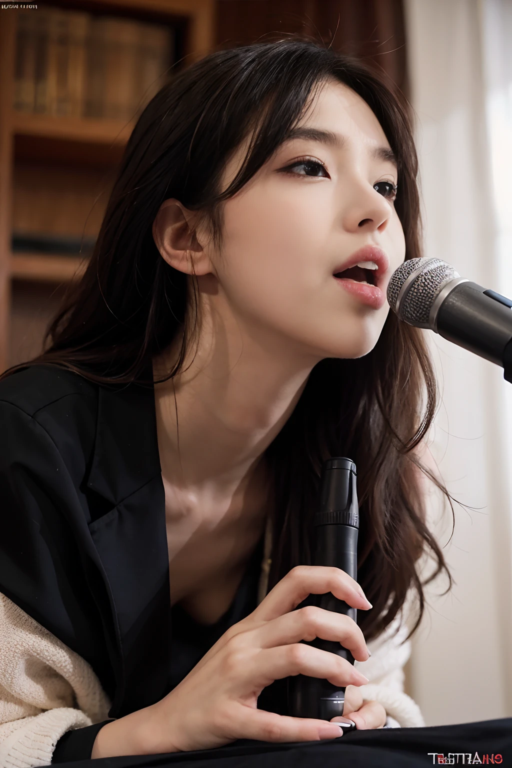 tmasterpiece，best qualityer，orthofacial，A girl licks a microphone，huge tit，looking at viewert