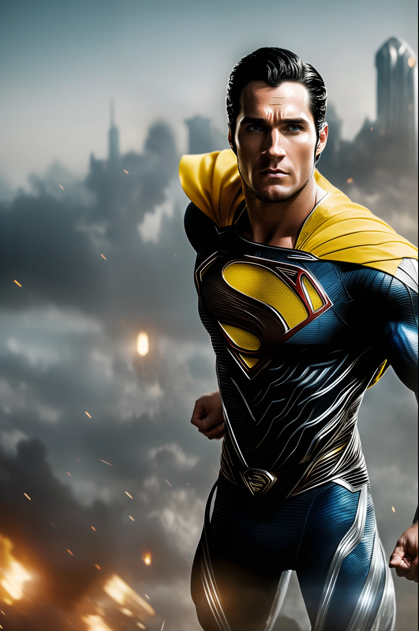 action shots of  M1lly4c0k2222 ((wearing a yellow and silver version of the evil superman suit man of steel)), very skinny, toned body, (explosions in the background a city in ruins), Style-Blade Runner 2049-8v Intricate, High Detail, Sharp focus, dramatic, ((photorealistic))