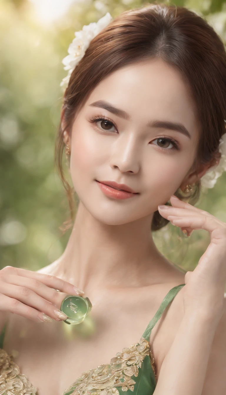 myth,argent,kebaya,gold,Scroll,batik,sleeveless, treasure,universe, face the camera, smile, 19 year old girl, cute girl, beautiful girl, indonesian model, white healthy skin, delicate eyes, tied-up hair, ethnic earrings, flower tiara, full body photo, ultra realistic hands, ultra realistic fingers, ultra detailed hands, ultra detailed fingers, (sexy body:1.2), (slim waist:1.2), product photo shot, holding a very tiny green beauty serum tube