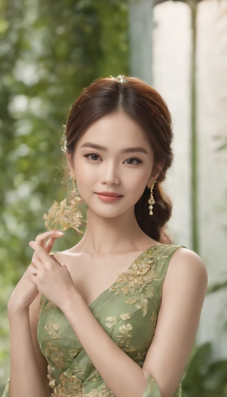 myth,argent,kebaya,gold,Scroll,batik,sleeveless, treasure,universe, face the camera, smile, 19 year old girl, cute girl, beautiful girl, indonesian model, white healthy skin, delicate eyes, tied-up hair, ethnic earrings, flower tiara, full body photo, ultra realistic hands, ultra realistic fingers, ultra detailed hands, ultra detailed fingers, (sexy body:1.2), (slim waist:1.2), product photo shot, holding a very tiny green beauty serum tube