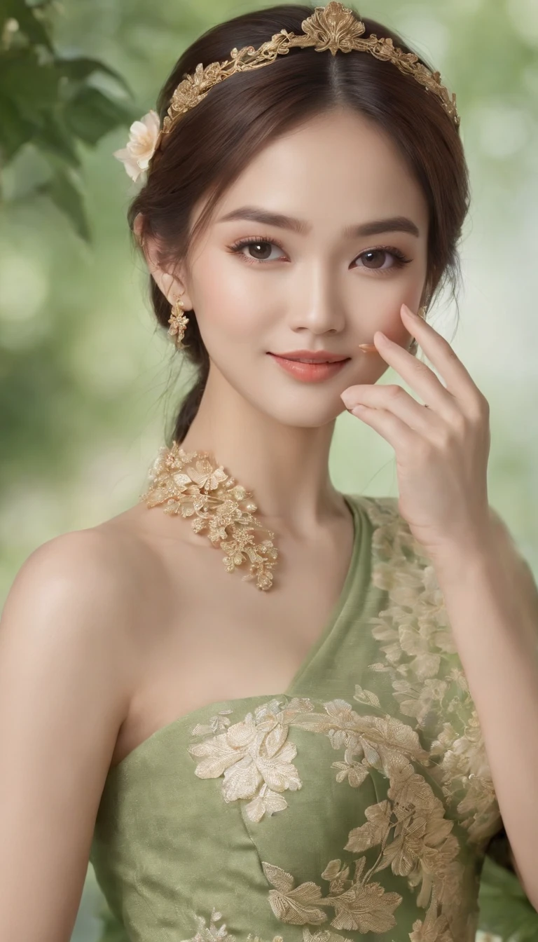 myth,argent,kebaya,gold,Scroll,batik,sleeveless, treasure,universe, face the camera, smile, 19 year old girl, cute girl, beautiful girl, indonesian model, white healthy skin, delicate eyes, tied-up hair, ethnic earrings, flower tiara, full body photo, ultra realistic hands, ultra realistic fingers, ultra detailed hands, ultra detailed fingers, (sexy body:1.2), (slim waist:1.2), product photo shot, holding a very tiny green beauty serum tube