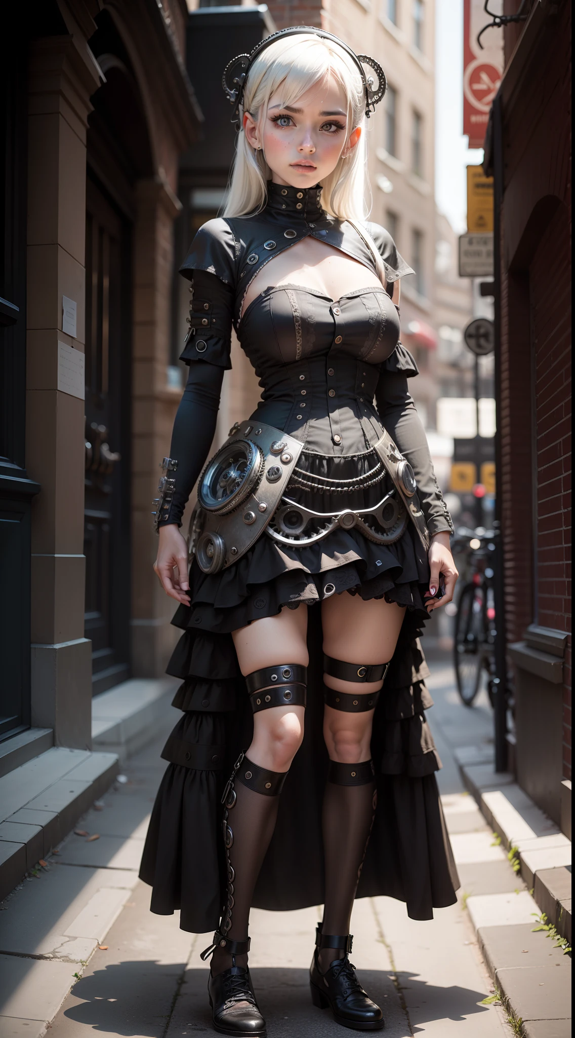Woman in a dress made entirely out of bicycle parts