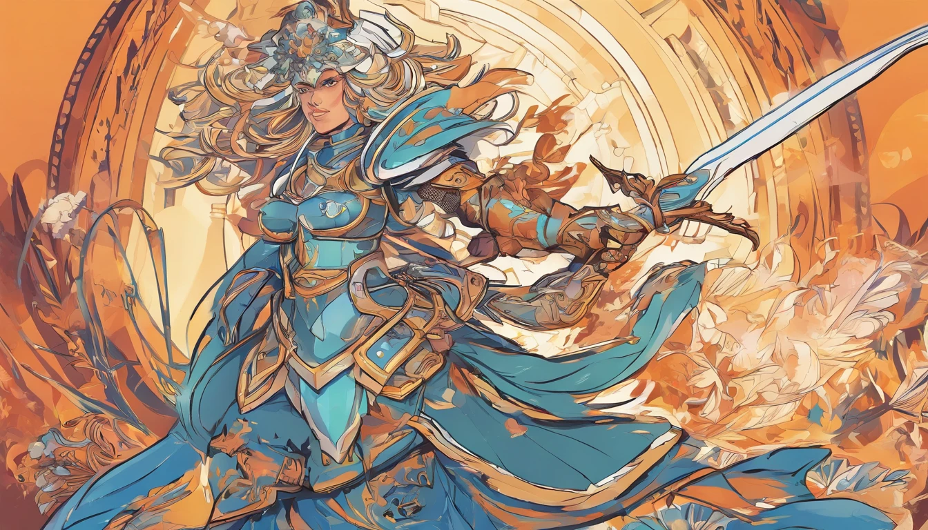 An armored paladin woman kneeling on one knee holding a flaming sword, abstract beauty, Centered, Looking at the camera, Facing the camera, nearing perfection, Dynamic, Highly detailed, smooth, Sharp focus, 8K, high definition resolution, illustration, adobe illustrator, flat, Art by Ramil Sunga, Casper Konefal, Nick Thornborrow, and Matt Rhodes