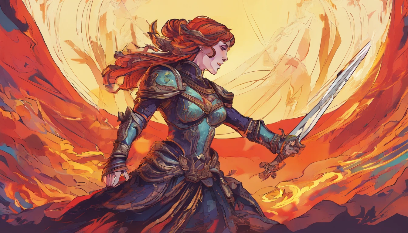 An armored paladin woman kneeling on one knee holding a flaming sword, abstract beauty, Centered, Looking at the camera, Facing the camera, nearing perfection, Dynamic, Highly detailed, smooth, Sharp focus, 8K, high definition resolution, illustration, adobe illustrator, flat, Art by Ramil Sunga, Casper Konefal, Nick Thornborrow, and Matt Rhodes