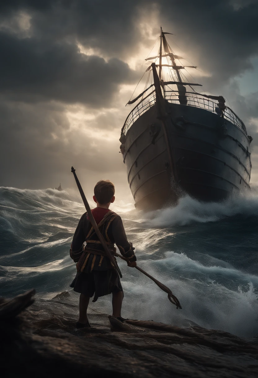 (best quality,4k,8k,highres,masterpiece:1.2),ultra-detailed,realistic,boy attacking a ship by the sea,ocean waves crashing against the ship,boy with intense facial expression,wind blowing his hair,powerful muscles,strong arms,strong determination,boy holding a weapon,boy wearing pirate attire,tattered pirate flag waving on the ship,majestic sails on the ship,dark and stormy atmosphere,dramatic lighting with rays of sunlight breaking through the clouds,eerie silhouette of the ship on the horizon,destructive waves crashing against the ship,breath-taking view of the vast sea in the background,vivid colors showcasing the intensity of the moment.