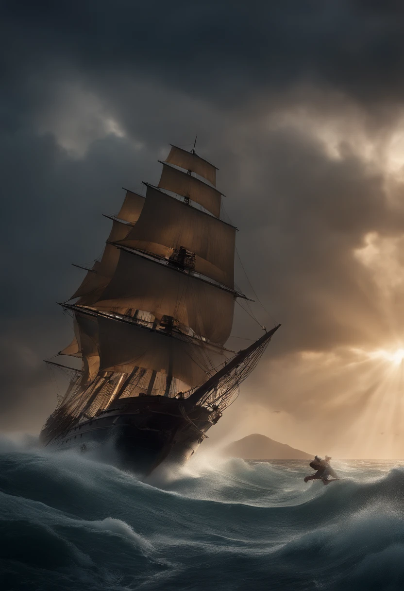 (best quality,4k,8k,highres,masterpiece:1.2),ultra-detailed,realistic,boy attacking a ship by the sea,ocean waves crashing against the ship,boy with intense facial expression,wind blowing his hair,powerful muscles,strong arms,strong determination,boy holding a weapon,boy wearing pirate attire,tattered pirate flag waving on the ship,majestic sails on the ship,dark and stormy atmosphere,dramatic lighting with rays of sunlight breaking through the clouds,eerie silhouette of the ship on the horizon,destructive waves crashing against the ship,breath-taking view of the vast sea in the background,vivid colors showcasing the intensity of the moment.